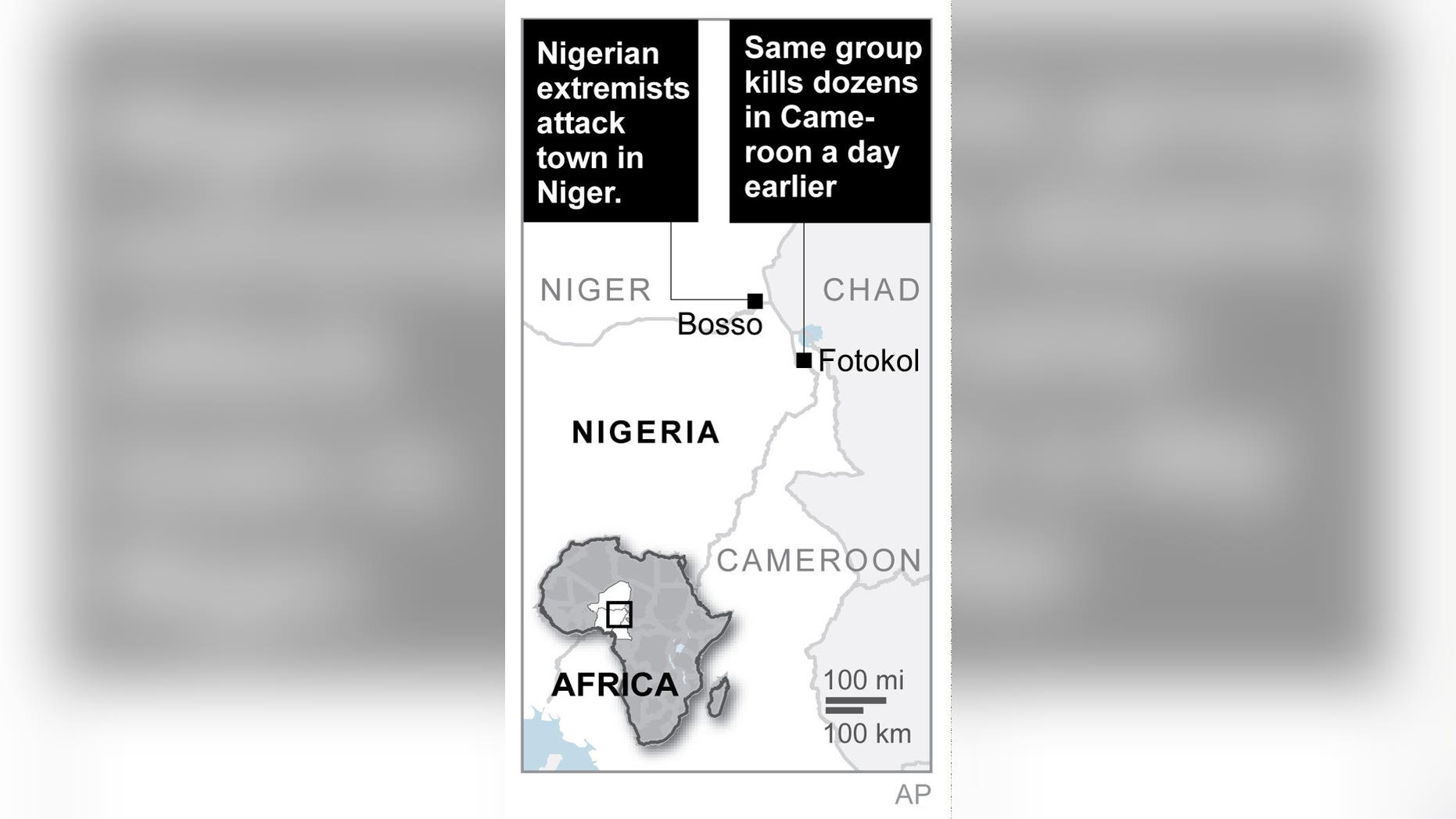 Map locates Bosso, Niger and Fotokol, Cameroon.; 1c x 3 inches; 46.5 mm x 76 mm;