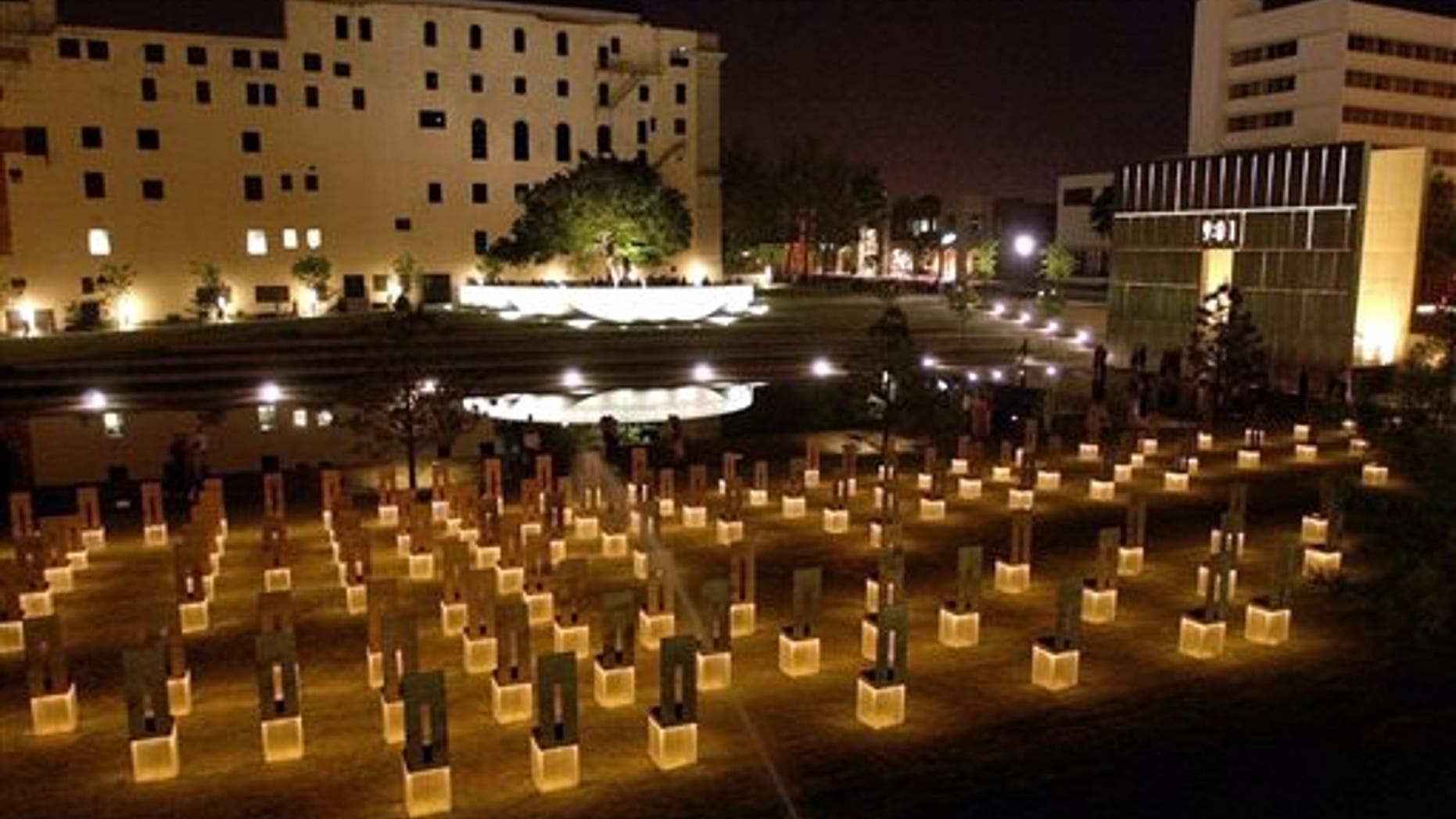 In this May 3, 2001, file photo, a view from the plaza overlooking the Oklahoma City National Memorial site is seen. There are 168 chairs, one for each of the victims killed in the bombing of the Alfred P. Murrah Federal Building April 19, 1995. (AP Photo/J. Pat Carter)