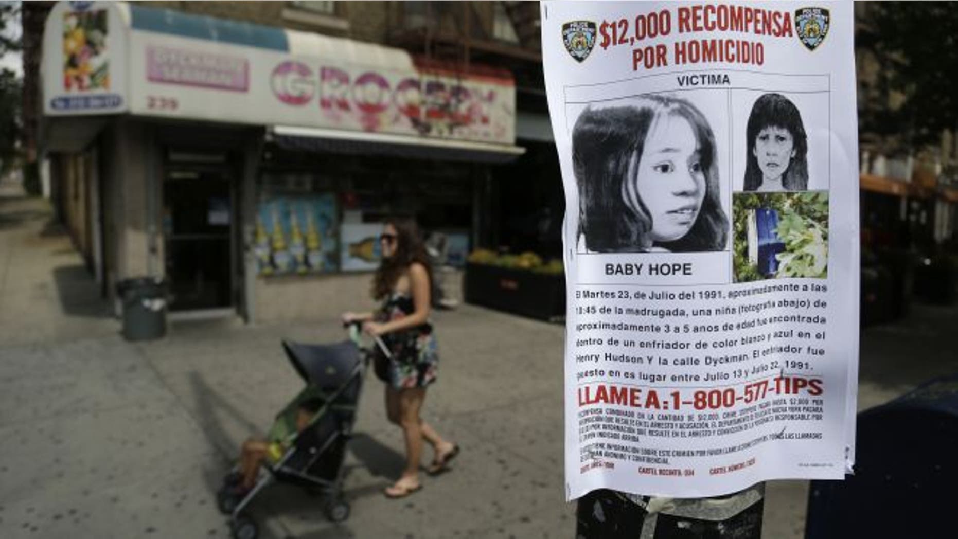 July 23, 2013: This photo shows a poster soliciting information regarding an unidentified body near the site where the body was found in New York. (AP)