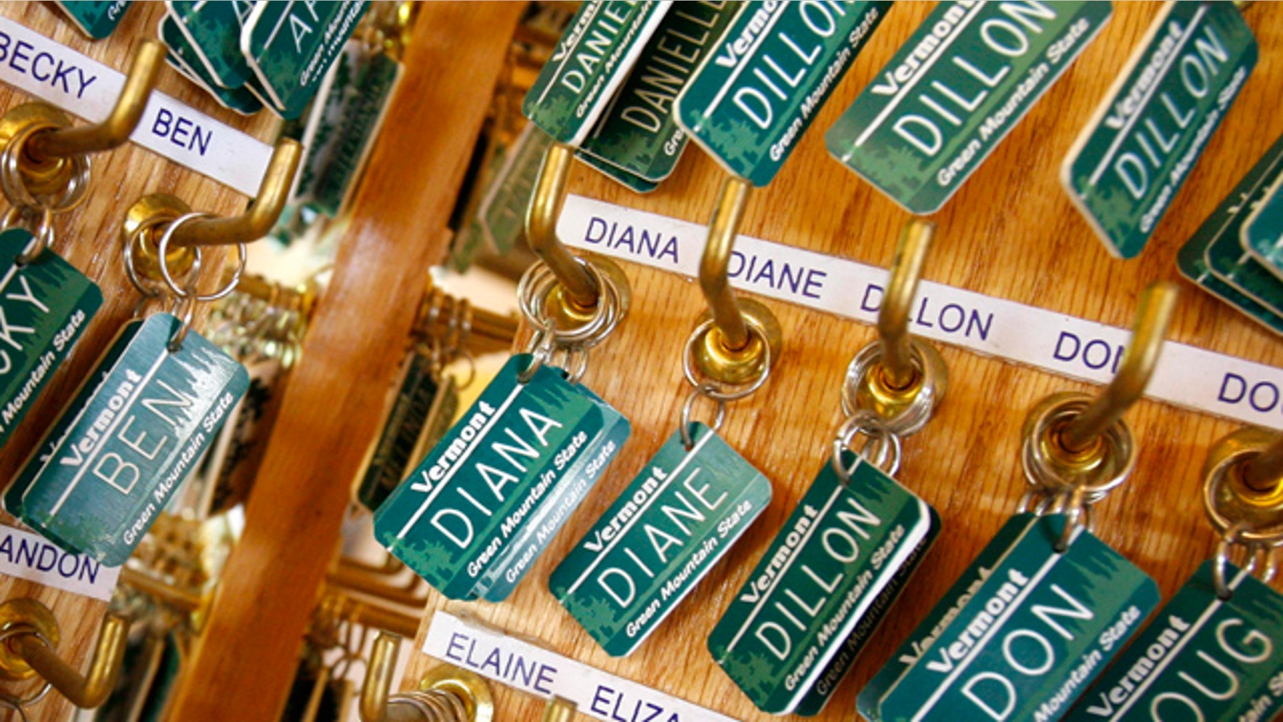 Luggage tags with children's names are displayed in East Montpelier, Vt.