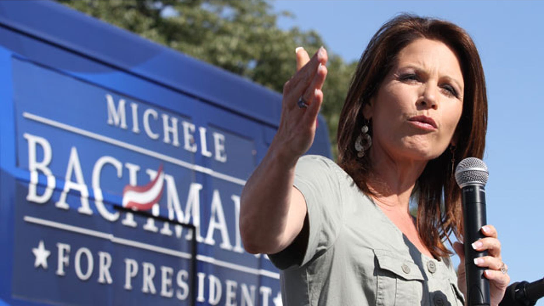 Presidential candidate Rep. Michele Bachmann R-Minn., speaks at a Tea Party Rally outside the Iowa State Capitol in Des Moines Saturday afternoon.