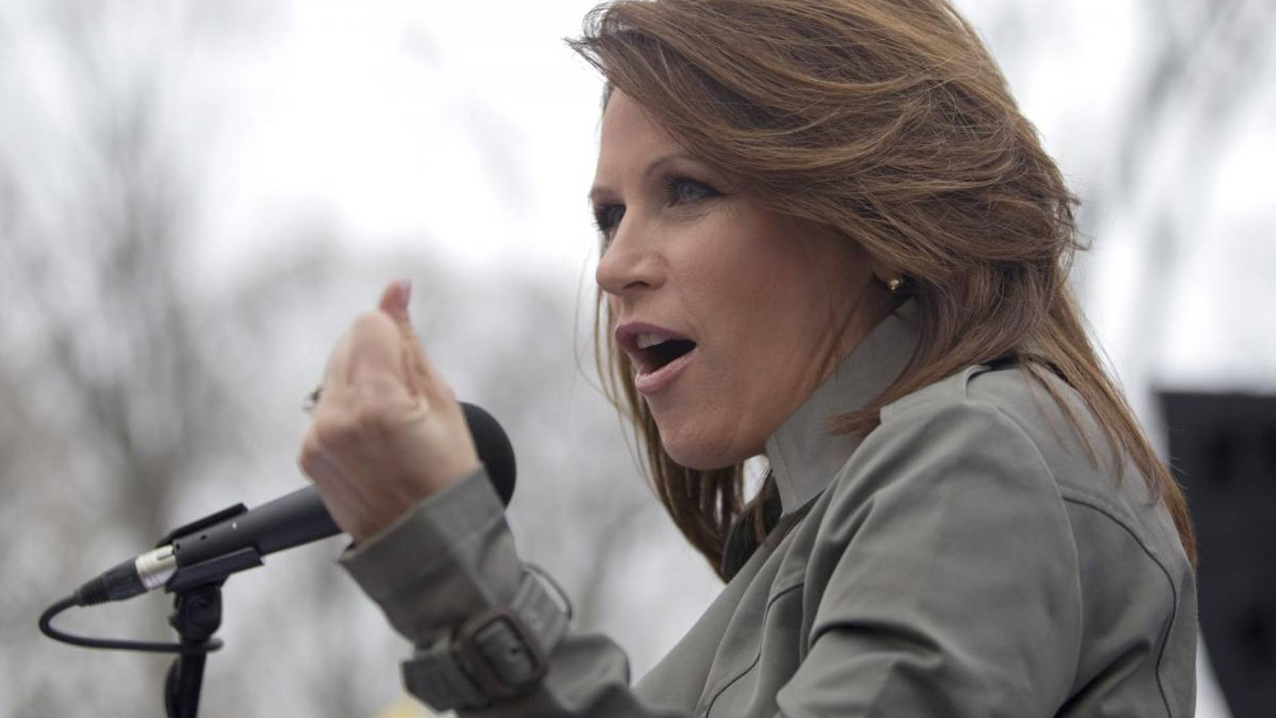 Rep. Michele Bachmann, R-Minn. gestures while addressing a Tea Party "Continuing Revolution Rally" on Capitol Hill in Washington, Thursday, March 31, 2011. (AP Photo/Evan Vucci)