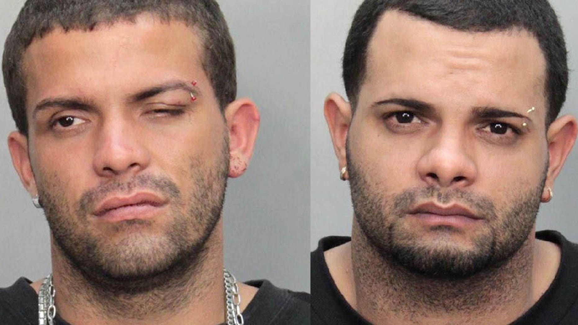 July 27: These booking mugshots, released by Miami-Dade police Department, show Luis and Jonathon Baez of Puerto Rico in Miami. The two brothers were arrested after they punched an American Airlines pilot at the Miami International Airport.