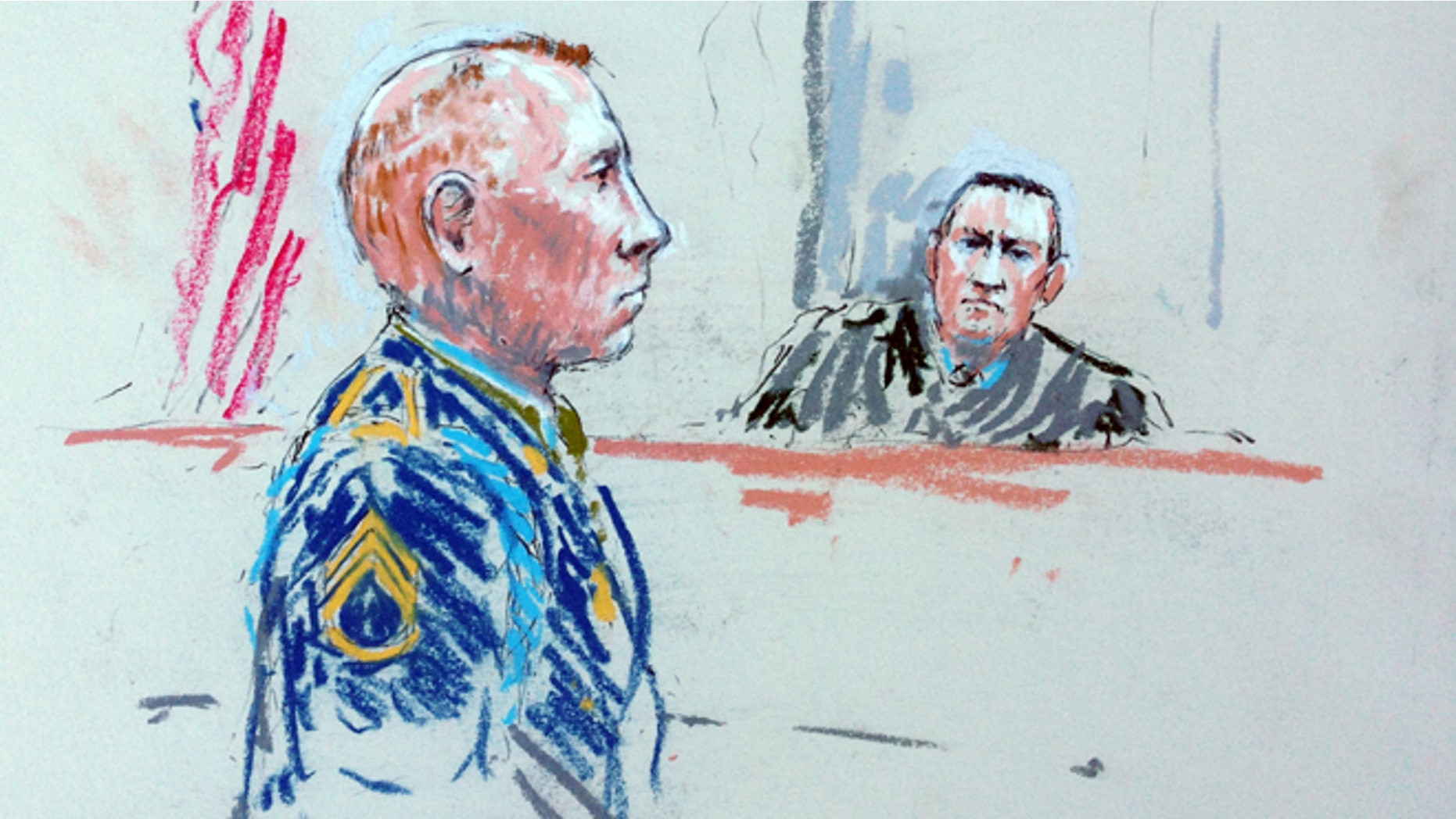 In this courtroom sketch, Staff Sgt. Robert Bales, left, appears before Judge Col. Jeffery Nance in a courtroom at Joint Base Lewis-McChord, Wash. on Tuesday, Aug. 20, 2013, during a sentencing hearing in the slayings of 16 civilians killed during pre-dawn raids on two villages on March 11, 2012.