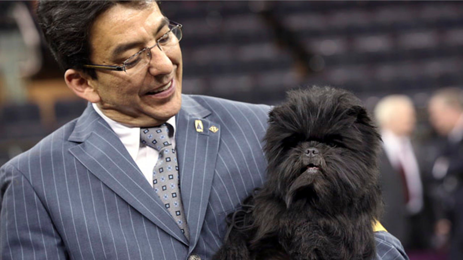 Feb. 12, 2013: Handler Ernesto Lara poses for photographers with Banana Joe, an affenpinscher who won best in show during the 137th Westminster Kennel Club dog show.