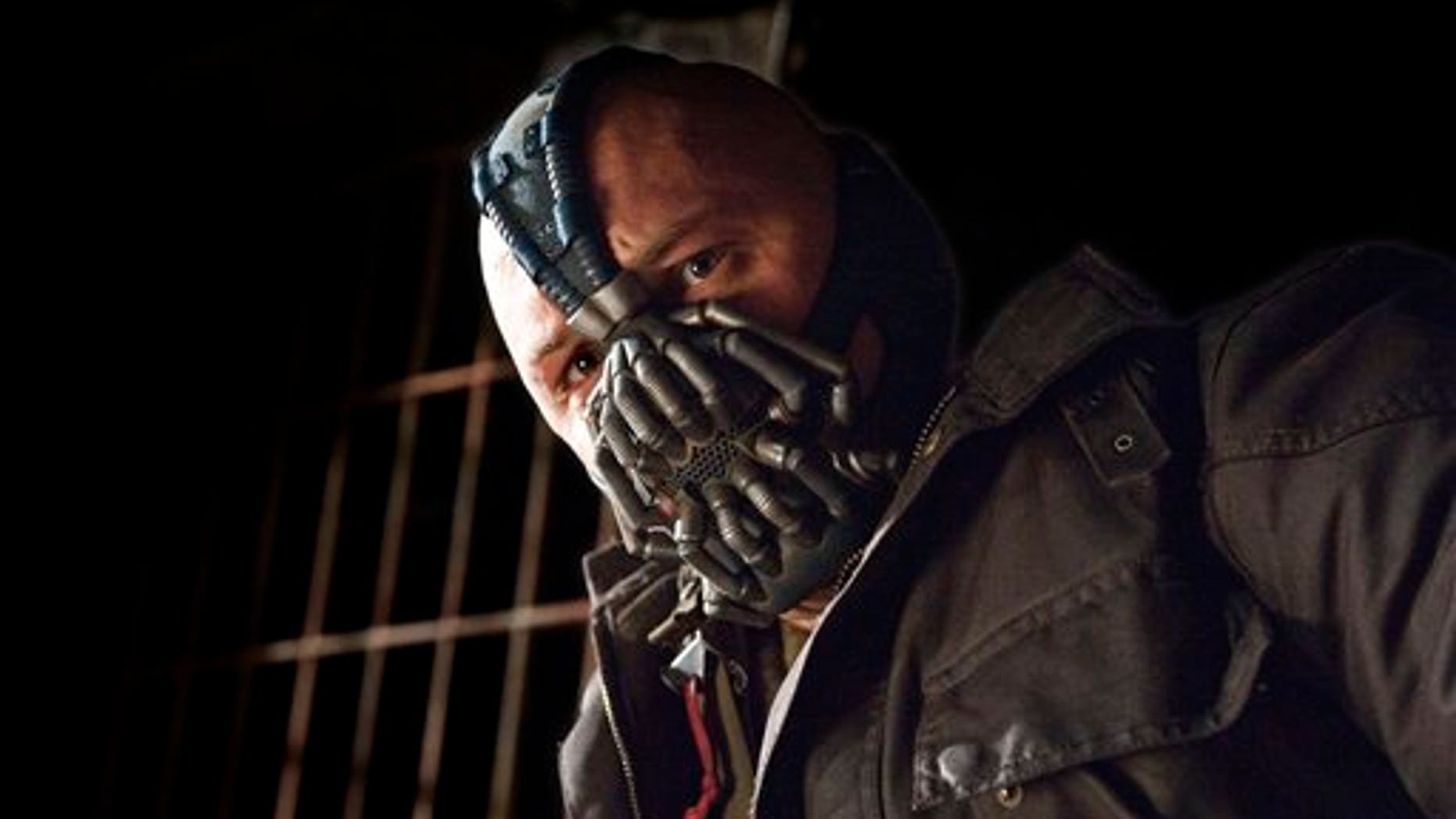 This undated film image released by Warner Bros. Pictures shows Tom Hardy as Bane in a scene from the action thriller "The Dark Knight Rises."