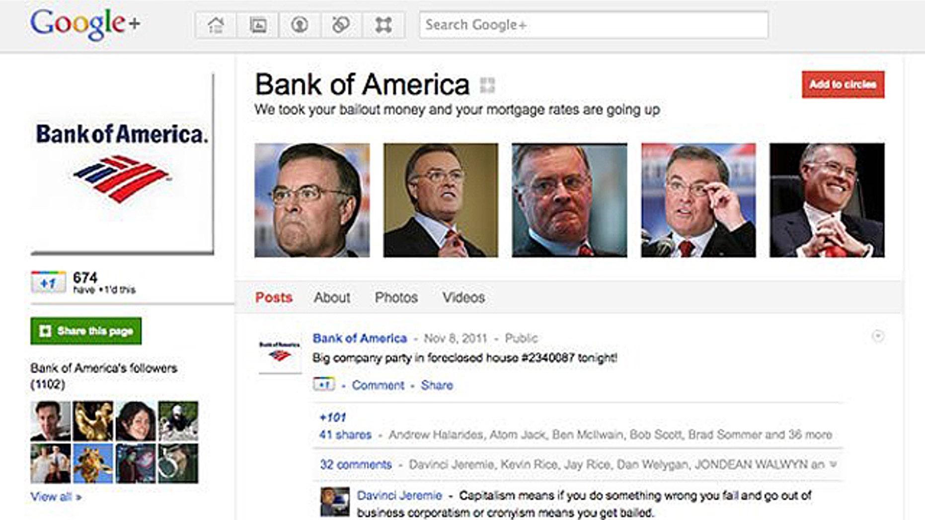 A fake Google+ page claiming to represent Bank of America presents a new tagline for the company: "We took your bailout money and your mortgage rates are going up."