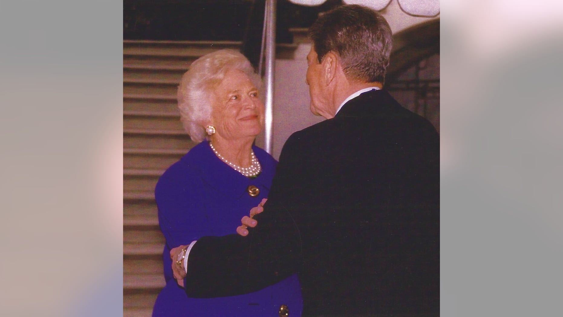 First Lady Barbara Bush with Ronald Reagan outside the White House on the day the former president was awarded the Medal of Freedom, January 13, 1993.
