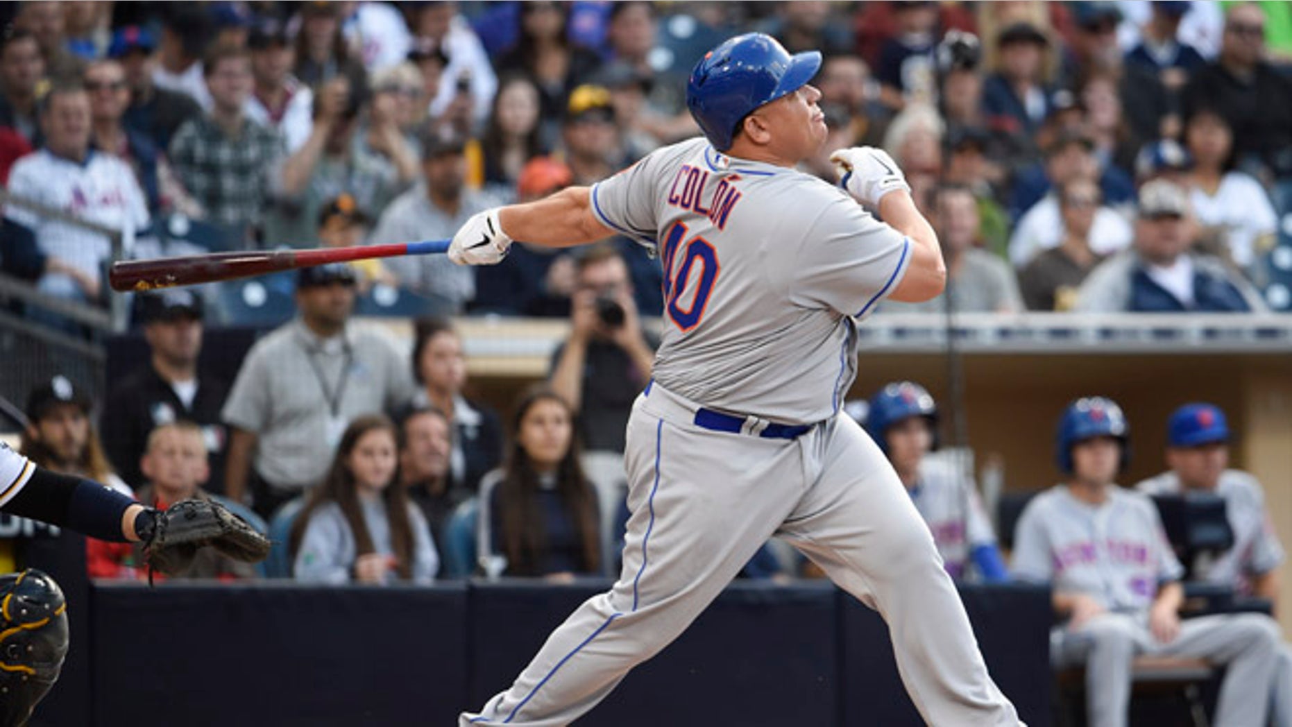 SAN DIEGO, CALIFORNIA - MAY 7: Bartolo Colon #40 of the New York Mets hits a two-home run during the second inning of a baseball game against the San Diego Padres at PETCO Park on May 7, 2016 in San Diego, California. (Photo by Denis Poroy/Getty Images)