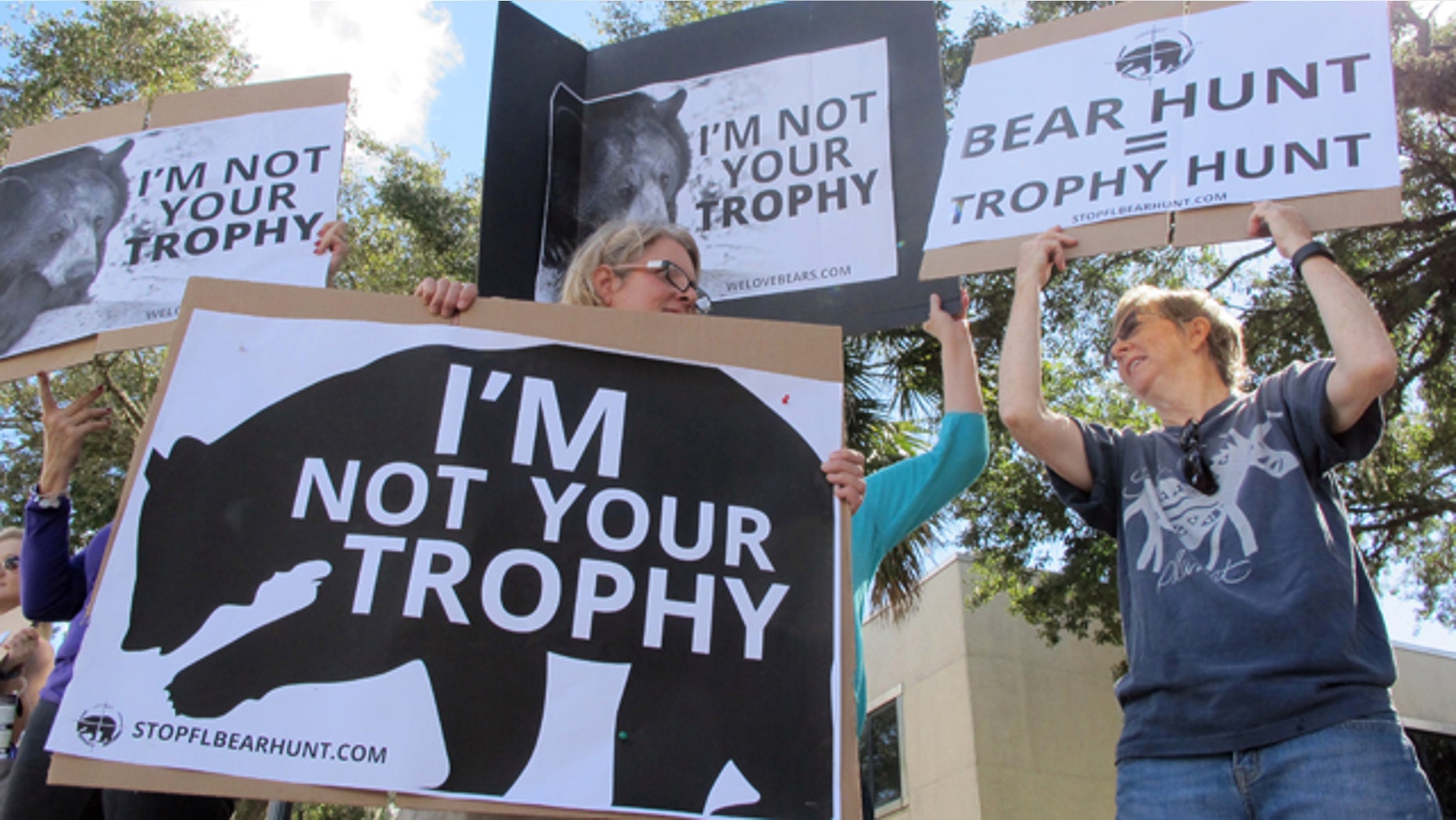Oct. 23, 2015: Protesters opposed to bear hunting in Florida demonstrate on a street in downtown Gainesville. (AP Photo/Jason H. Dearen)