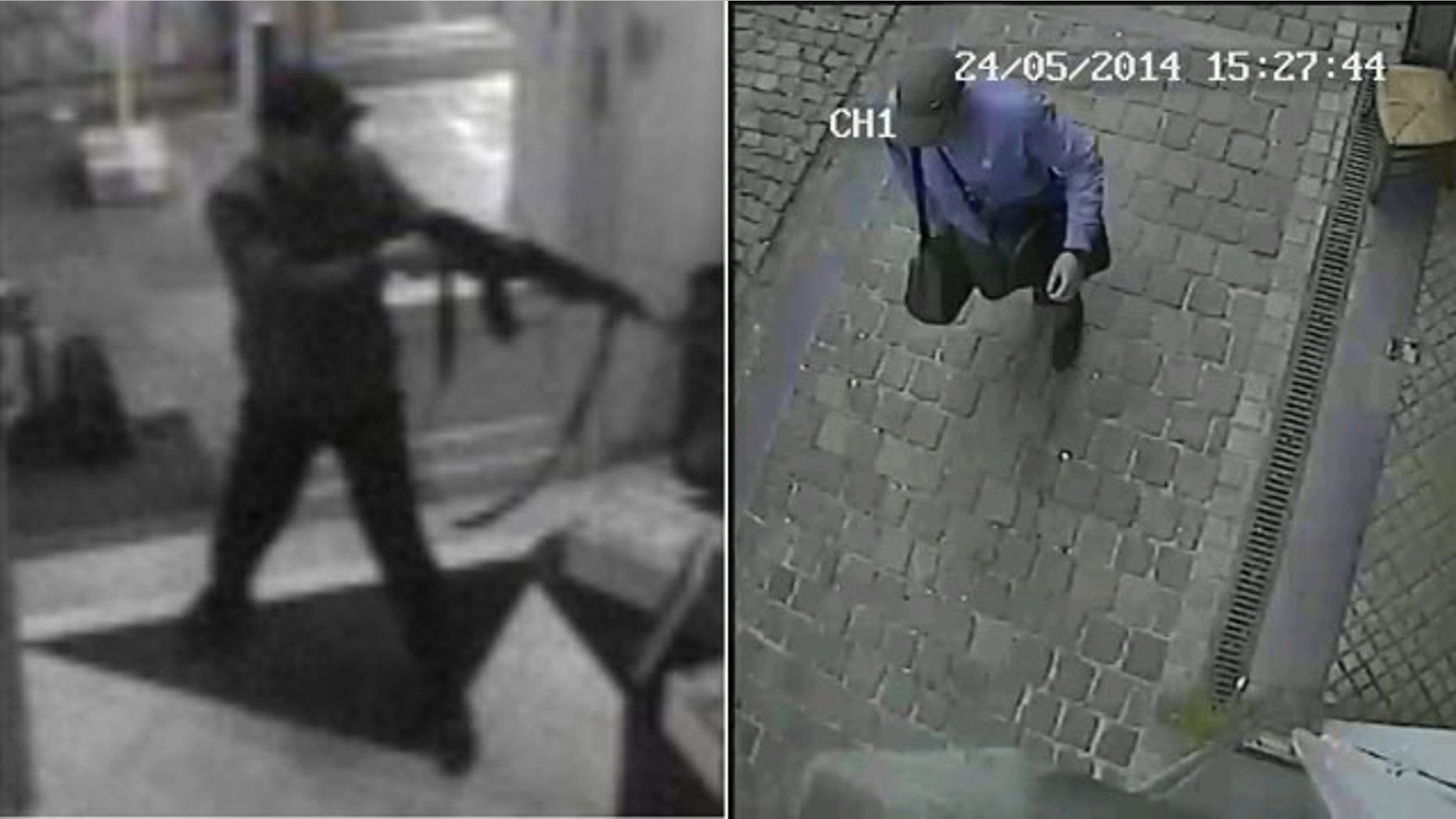 May 25, 2014: These photos taken from surveillance footage and released by Belgian Federal Police show a man shooting at the Jewish museum in Brussels, Belgium, on Saturday, May 24, 2014. (AP Photo/Belgian Federal Police)