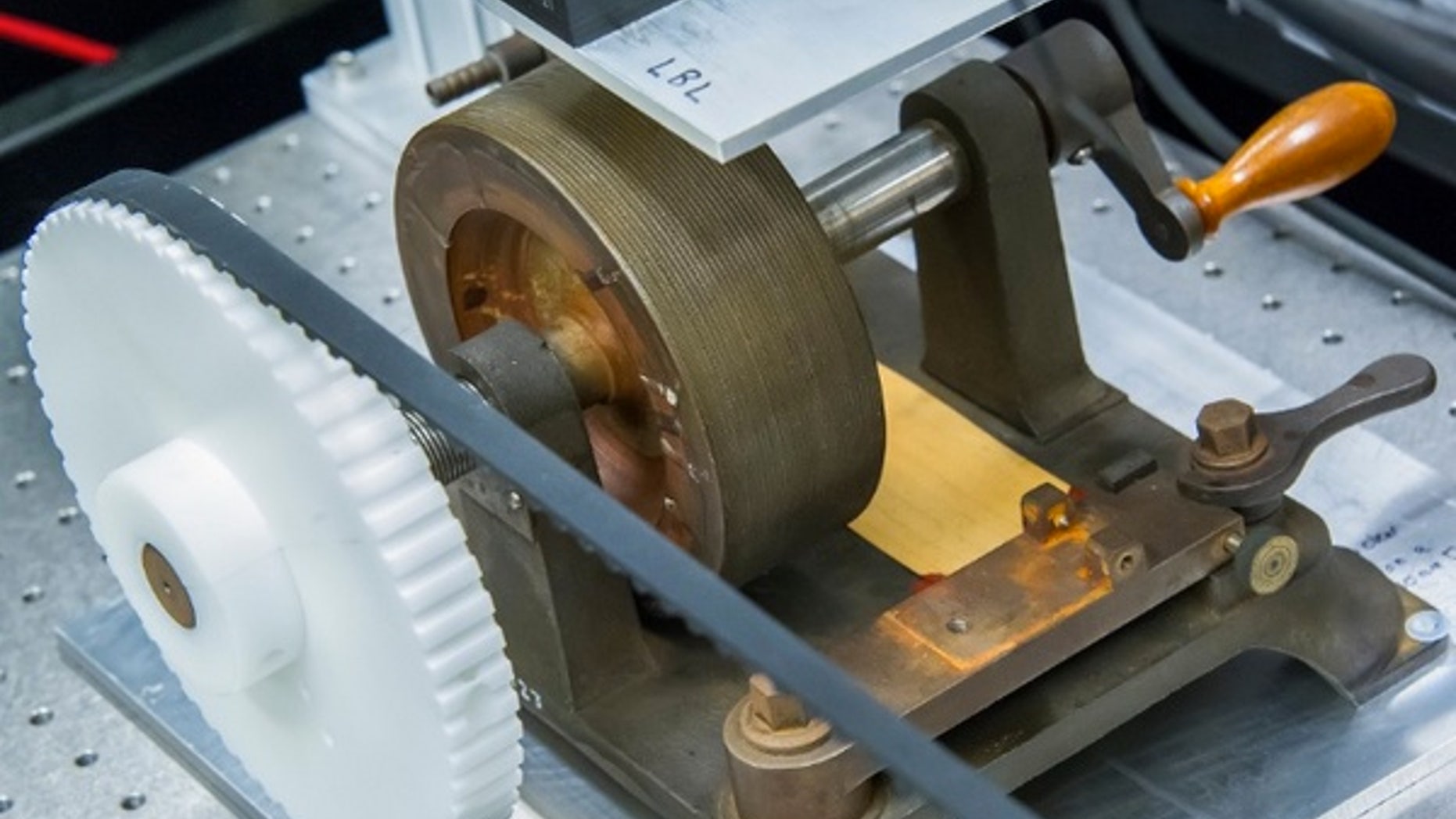 A voice recording of Alexander Graham Bell’s father was recovered on this wax-coated drum, which was shipped to Berkeley Lab earlier this year for analysis.