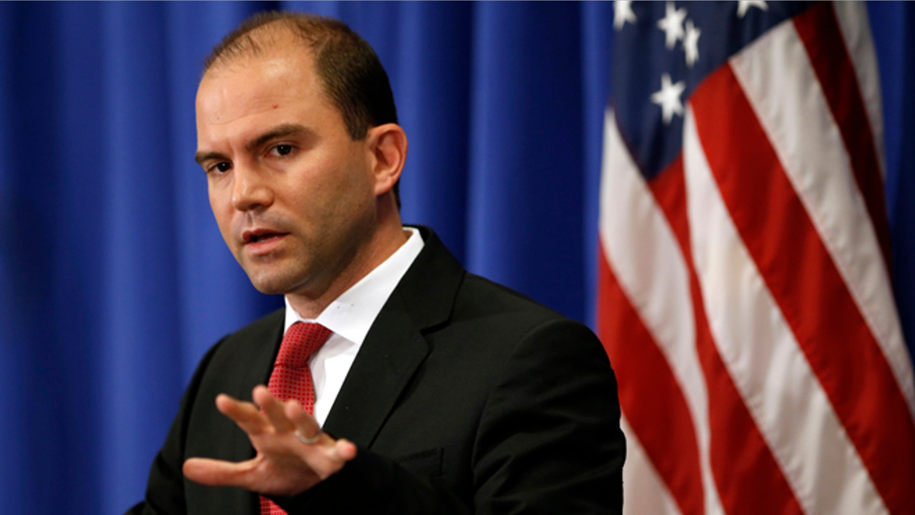 In this August 22, 2014 photo, Deputy U.S. national security adviser Ben Rhodes speaks during a press briefing on Martha's Vineyard, Massachusetts.