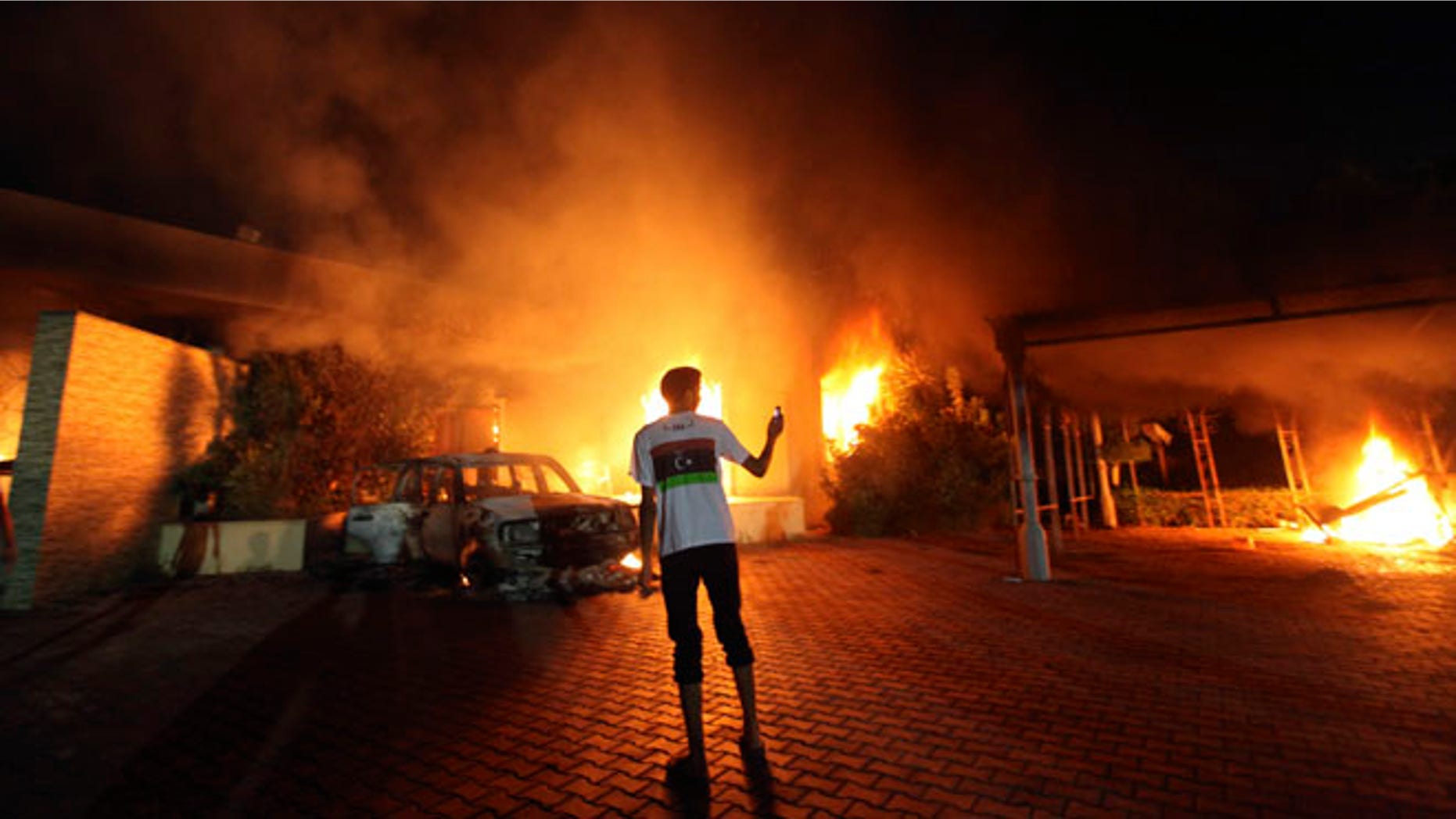 The U.S. Consulate in Benghazi in flames September 11, 2012.