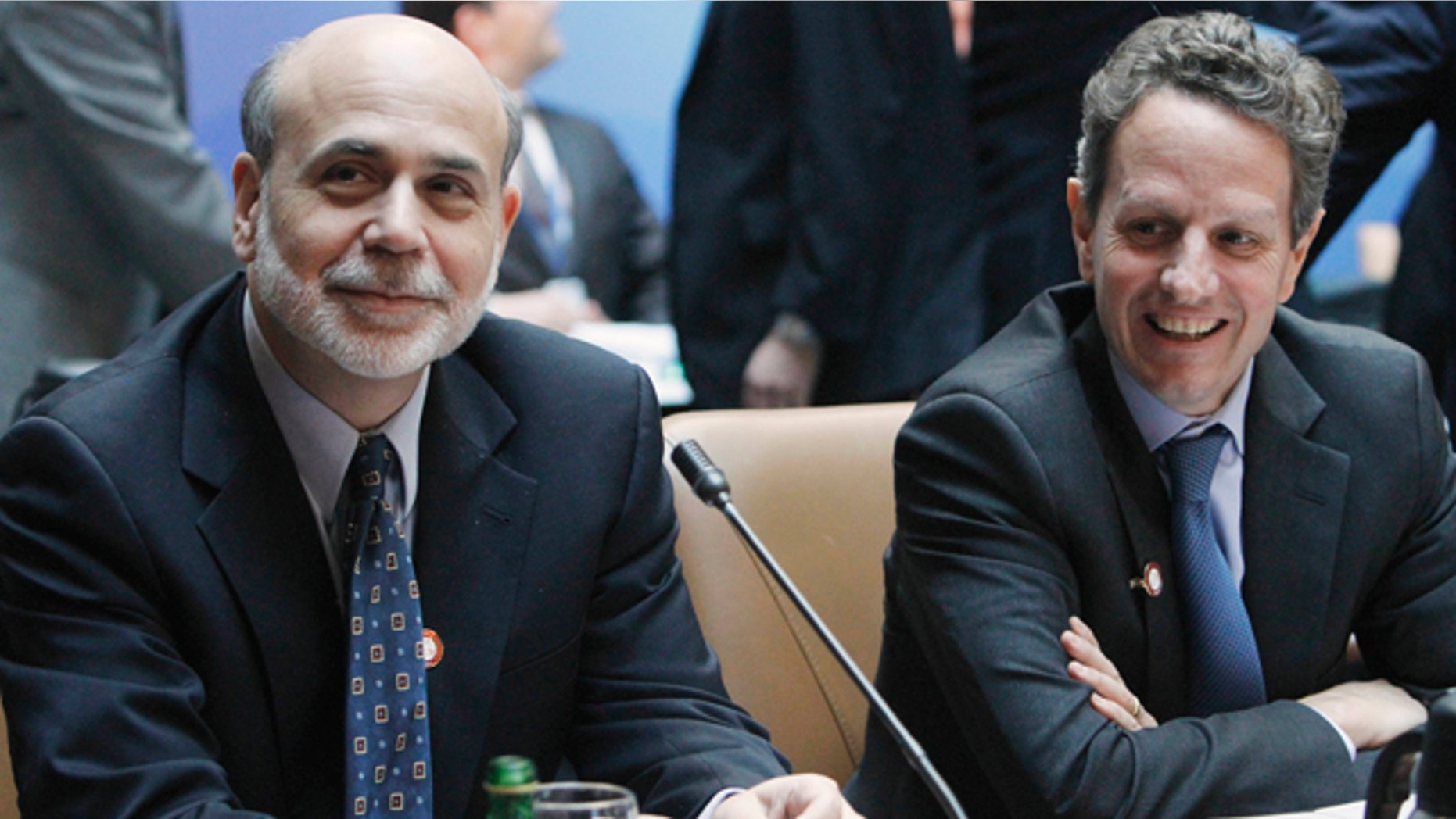 April 15: Federal Reserve Chairman Ben Bernanke, left, sits with Treasury Secretary Timothy Geithner before a meeting of the G-20 at the World Bank/IMF Spring Meetings 2011 in Washington.