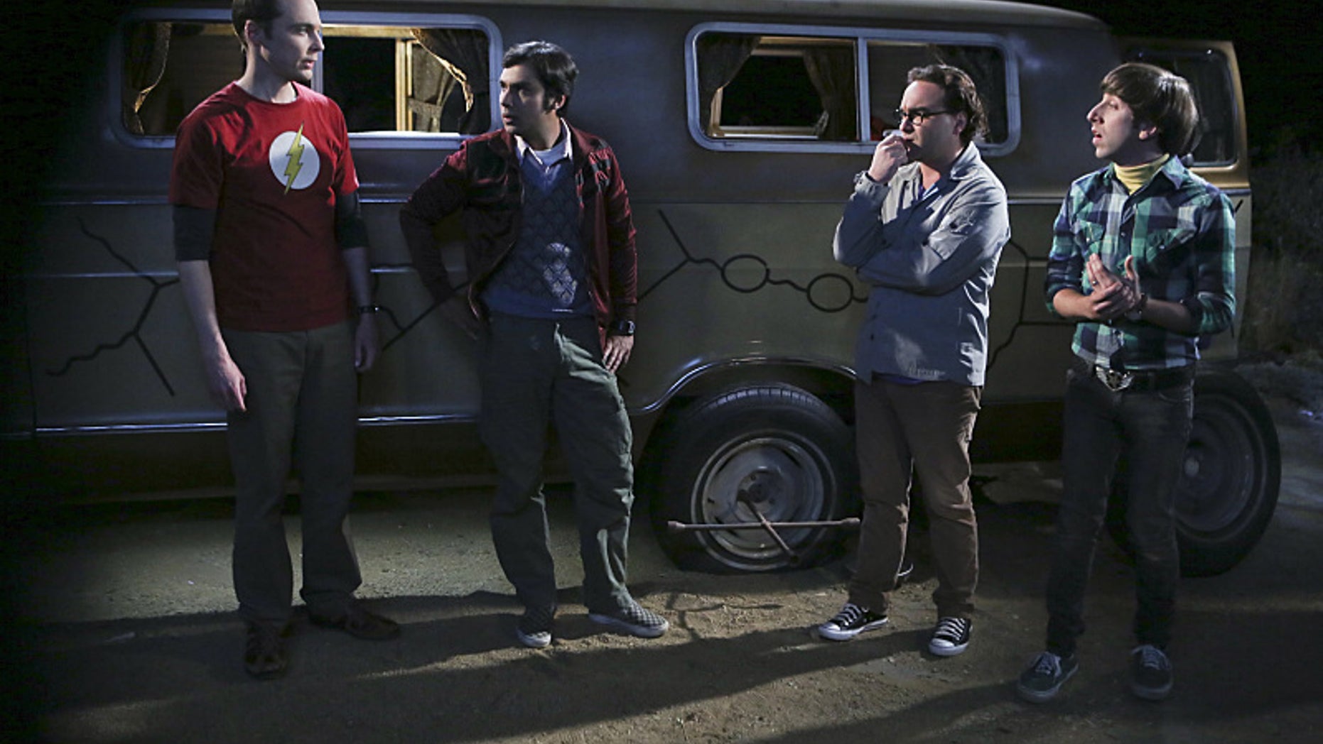 "The Bachelor Party Corrosion" -- The guys' science skills are put to the test when they get a flat tire during Leonard's bachelor party weekend in Mexico, on THE BIG BANG THEORY, Monday, Oct. 5 (8:00-8:31 PM, ET/PT), on the CBS Television Network. Pictured left to right: Jim Parsons, Kunal Nayyar, Johnny Galecki and Simon Helberg Photo: Monty Brinton/CBS é2015 CBS Broadcasting, Inc. All Rights Reserved