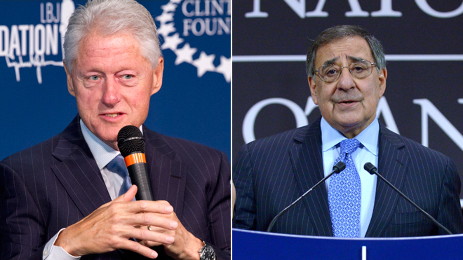 Monday, Sept. 8, 2014 photo of Former President Bill Clinton at The Newseum in Washington and a Feb. 22, 2013 photos of then U.S. Secretary of Defense Leon Panetta in Brussels.