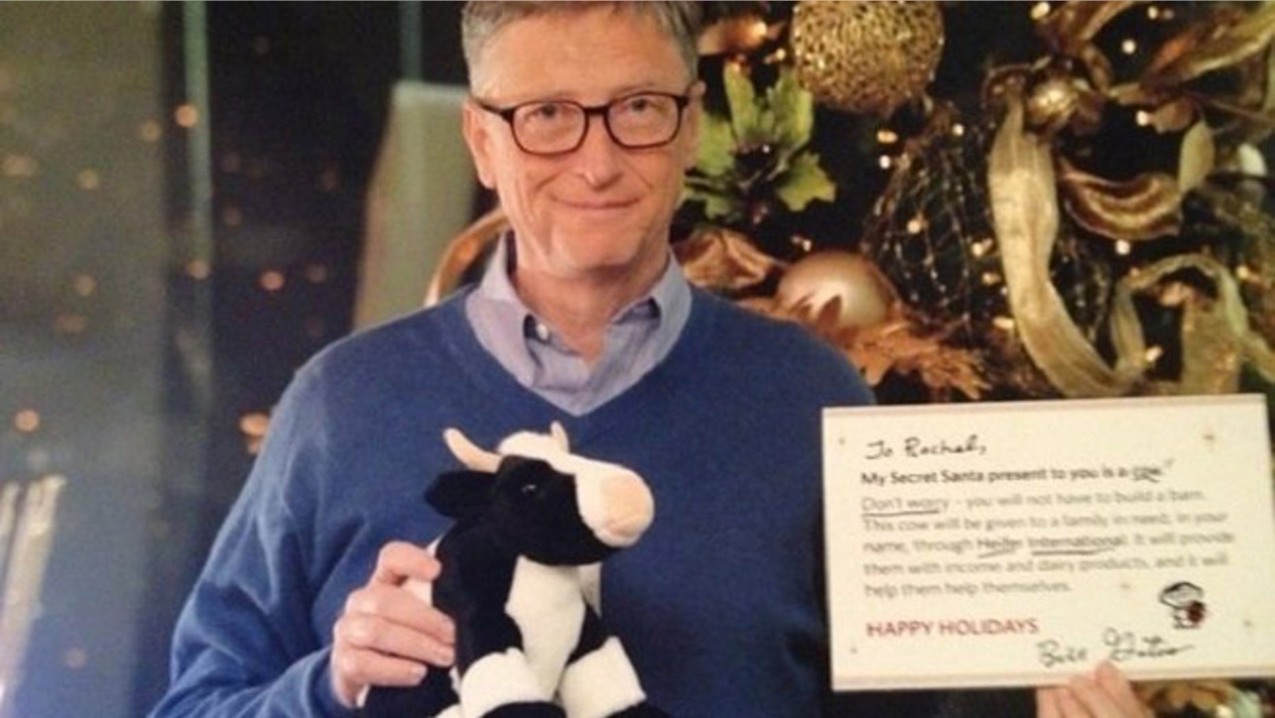 Reddit user Rachel was shocked to learn that Bill Gates was her Secret Santa. He made a donation on her behalf to Heifer International, plus gave her a stuffed cow and a book.