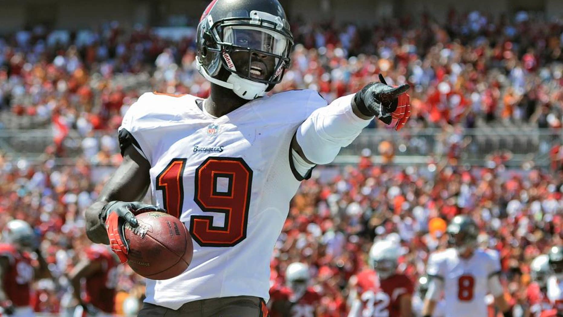 FILE - In this Sept. 29, 2013 file photo, Tampa Bay Buccaneers wide receiver Mike Williams (19) celebrates after catching a first quarter touchdown pass from quarterback Mike Glennon during the first quarter of an NFL football game against the Arizona Cardinals, in Tampa, Fla. The Buffalo Bills have acquired receiver Mike Williams in a deal with the Buccaneers. It's a homecoming for Williams, who grew up in Buffalo and played at Syracuse under current Bills coach Doug Marrone. (AP Photo/Brian Blanco, File)