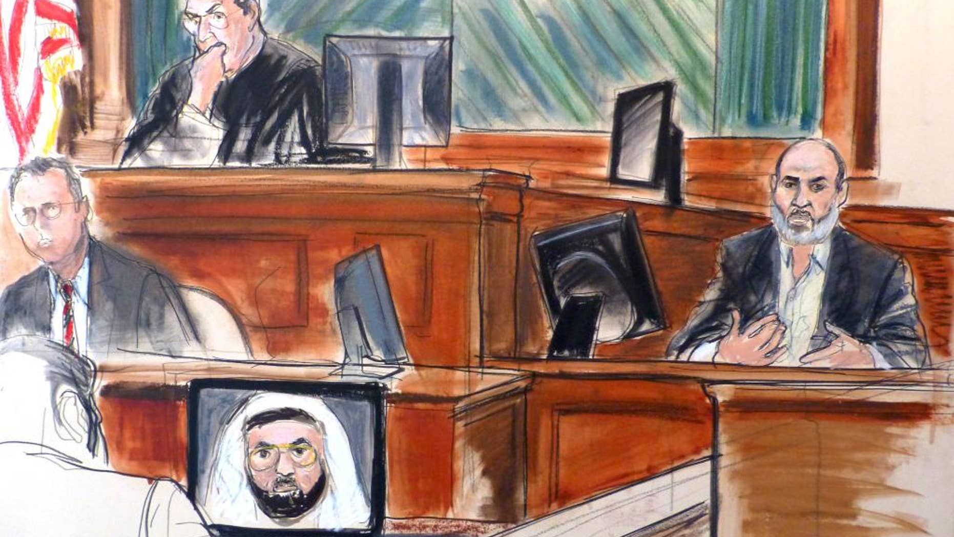 In this March 19, 2014 courtroom sketch Osama bin Laden's son-in-law, Sulaiman Abu Ghaith, right, testifies at his trial in New York, on charges he conspired to kill Americans and aid Al Qaeda as a spokesman for the terrorist group. (AP)