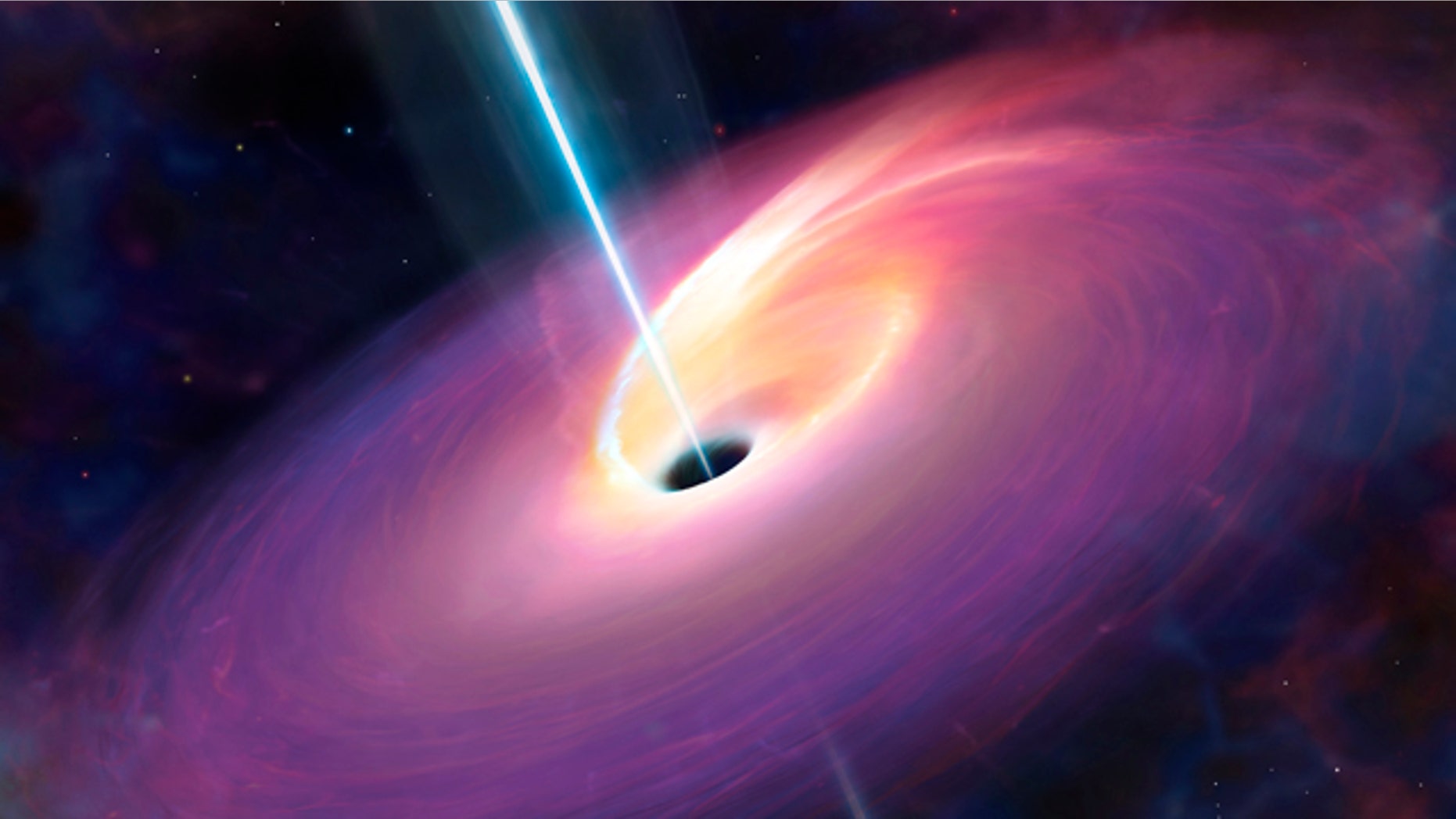Artist's representation of the end result of disruption of a star by a massive black hole. The star is disrupted into a disc around the star, which then falls into the hole, creating powerful jets.