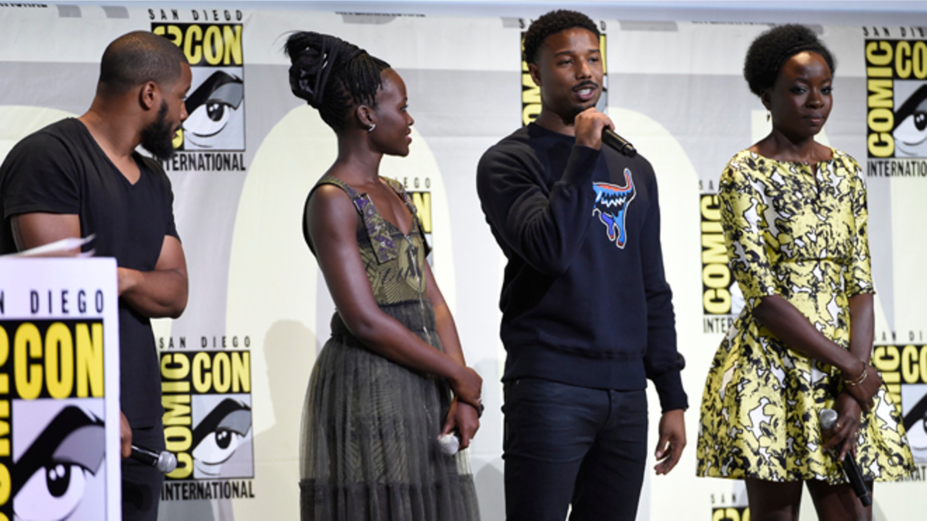 FILE - In this July 23, 2016 file photo, director Ryan Coogler, from left, Lupita Nyong'o, Michael B. Jordan and Danai Gurira attend the "Black Panther" panel on day 3 of Comic-Con International in San Diego. The movie set to begin filming in January will mark the third time director Ryan Coogler has worked with actor Michael B. Jordan. They teamed up previously on "Creed" and "Fruitvale Station." (Photo by Chris Pizzello/Invision/AP, File)