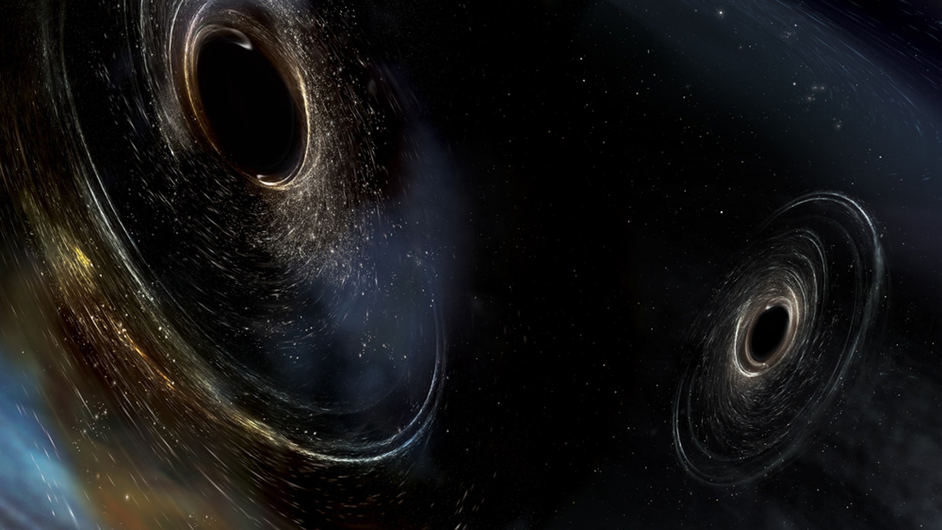 An artist's simulation of two black holes merging in space. The gravity of a black hole is strong enough to warp space, creating the swirling effect around both objects.