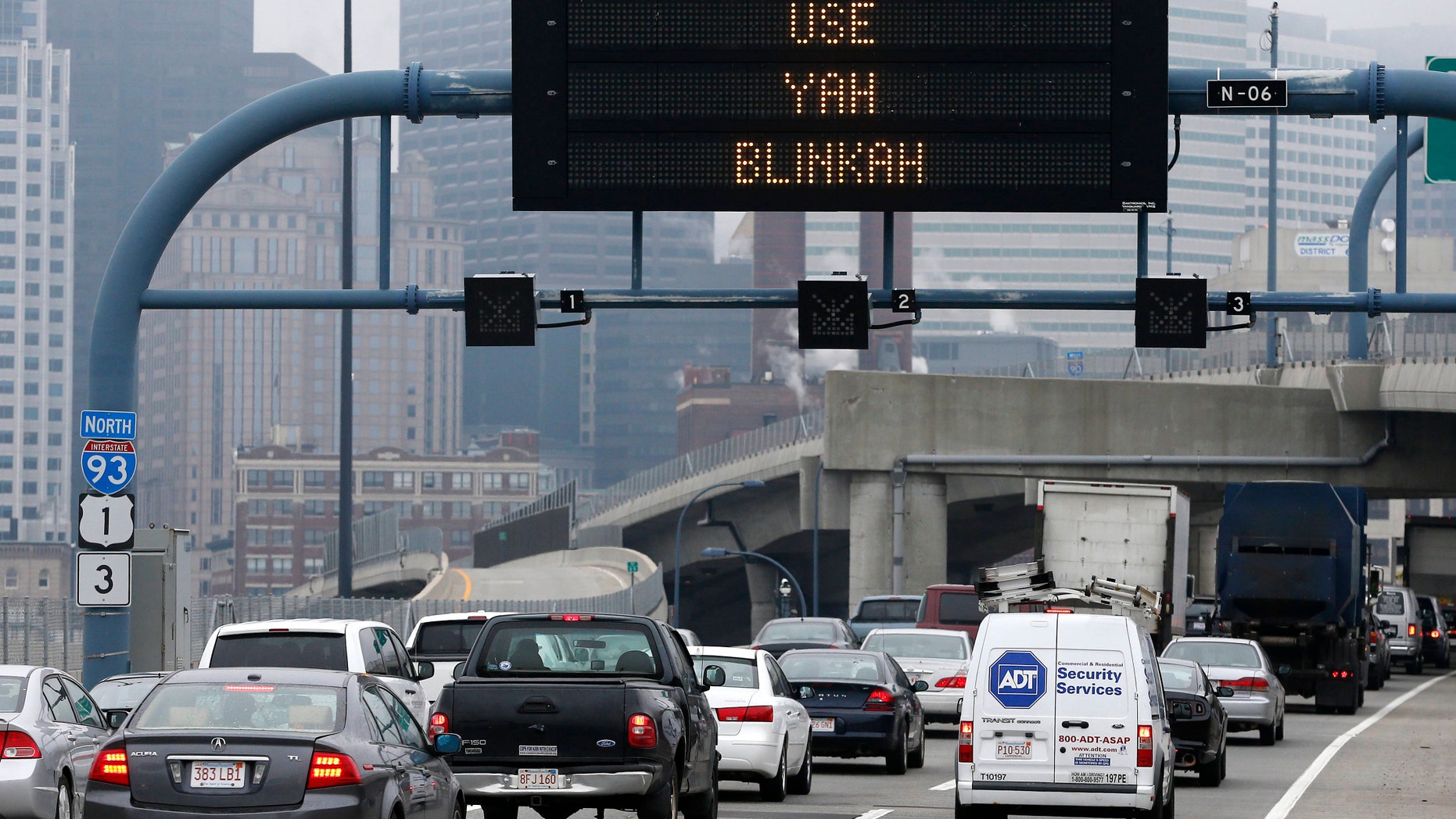 May 9, 2014: An electronic highway sign is seen on Interstate 93 in Boston.