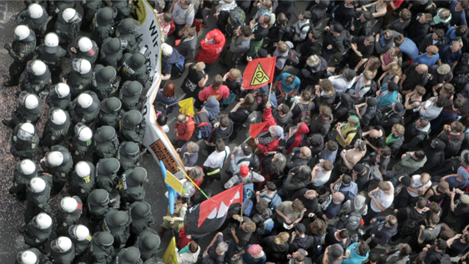 June 1, 2013: German police officers block anti capitalism Blockupy protesters with several thousand people taking part in Frankfurt. Crowds of anti-capitalist protesters blocked streets leading to the European Central Bank in Germany's financial capital to protest its role in pushing for austerity cutbacks as a way to fight the continent's debt crisis.