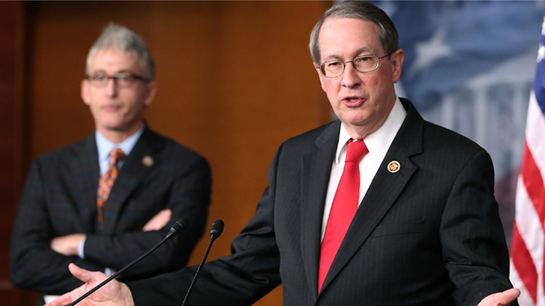 WASHINGTON, DC - APRIL 25: Rep. Bob Goodlatte (R-VA) (R), Chairman of the House Judiciary Committee, and Rep. Trey Gowdy (R-SC) speak about immigration during a news conference on Capitol Hill, April 25, 2013 in Washington, DC. The news conference was held to discuss immigration control issues that are before Congress. (Photo by Mark Wilson/Getty Images)