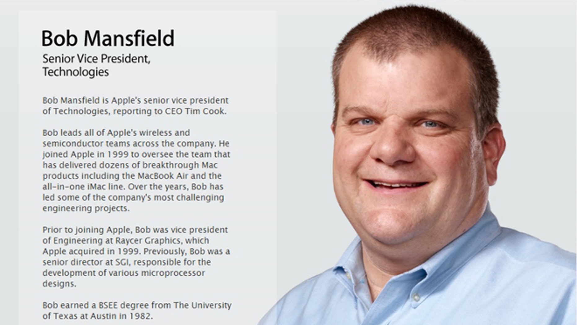 A screenshot of Apple's website offers a picture and description of Bob Mansfield, who was quietly removed from his senior position over the weekend.