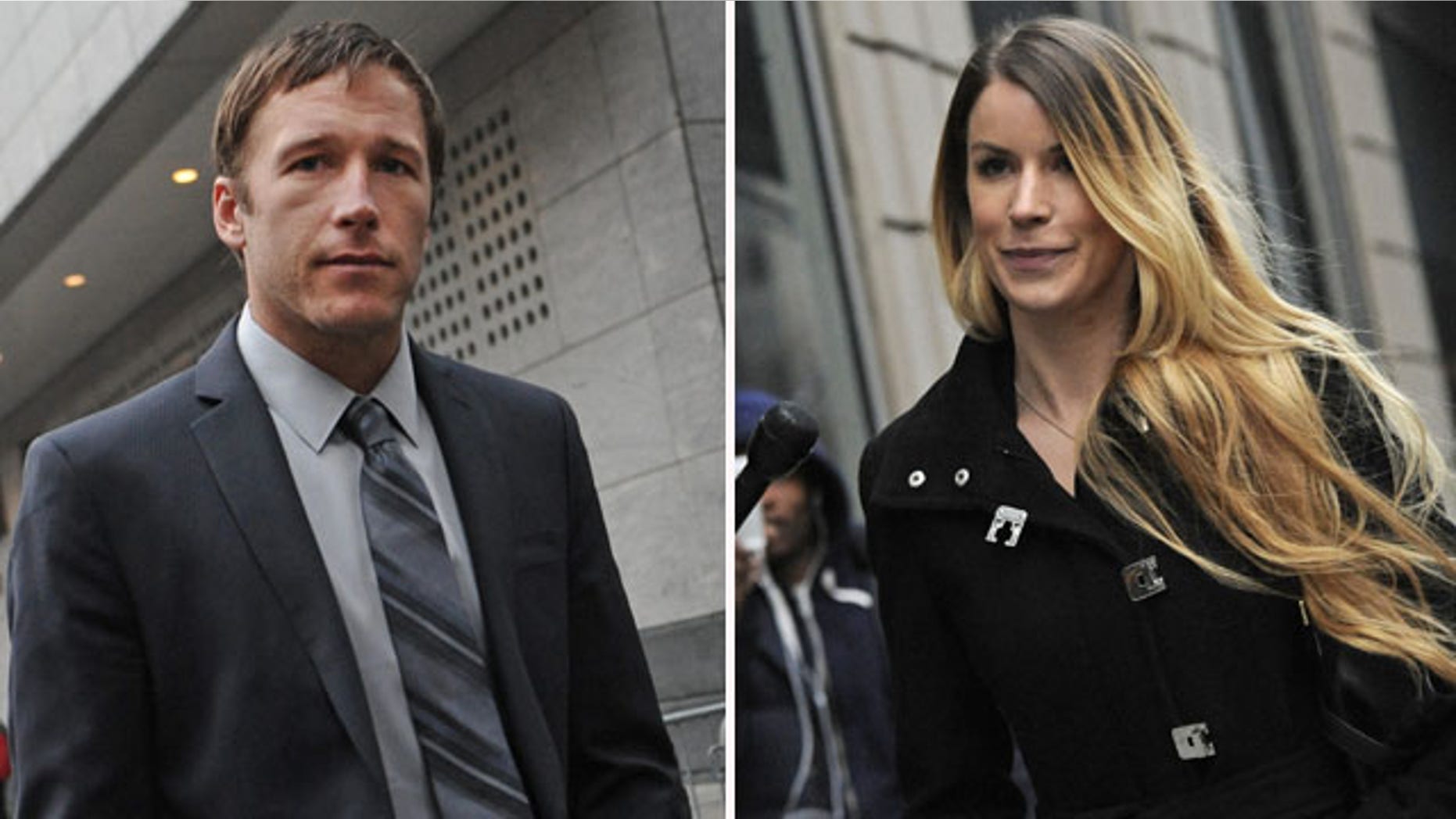 December 9, 2013: Olympic skier Bode Miller, left, and his ex-girlfriend Sara McKenna outside family court in New York City. The two have reached a temporary agreement to share custody of their infant son (AP Photos)