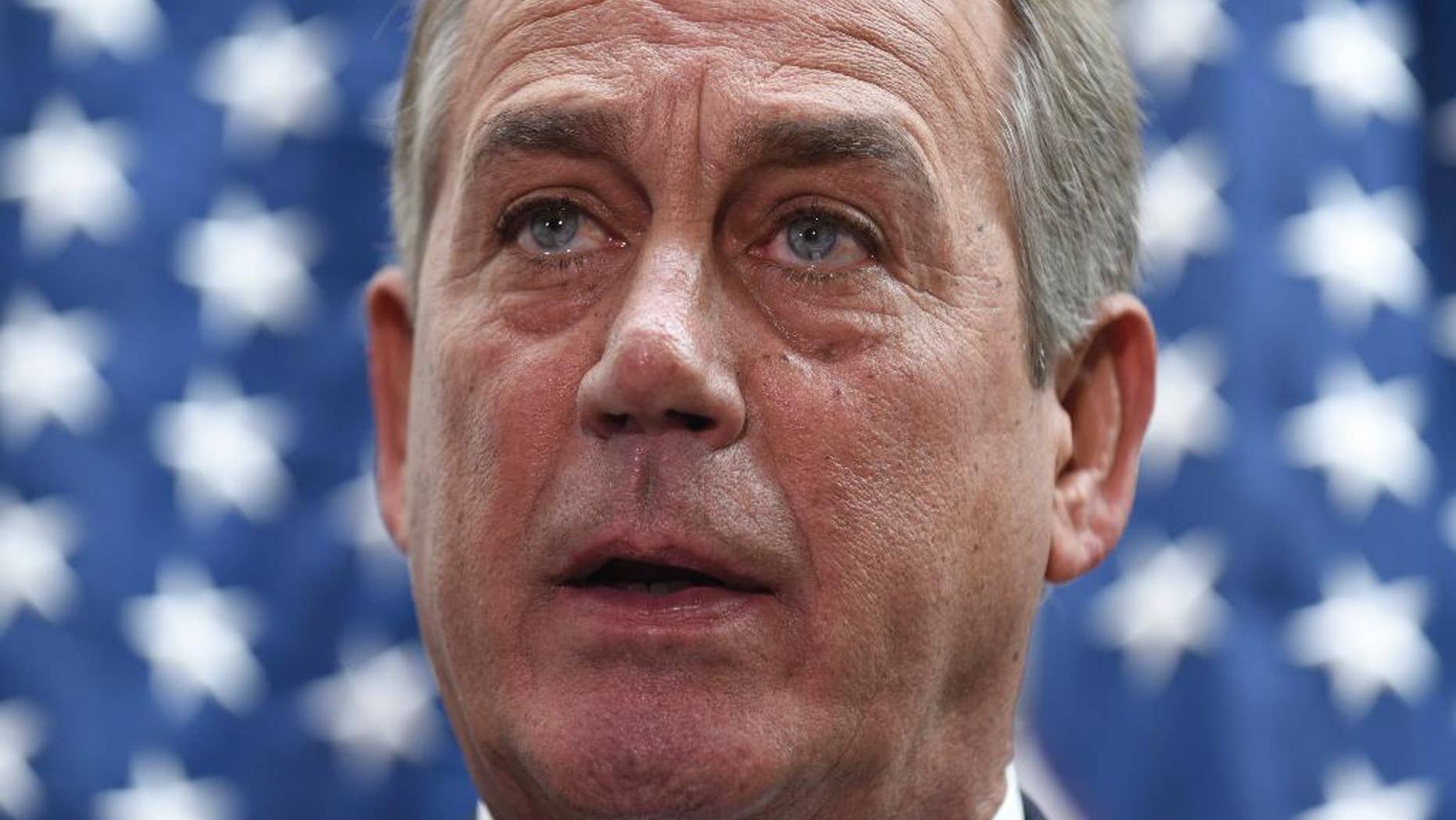 In this Feb. 25, 2014, photo, House Speaker John Boehner of Ohio speaks to reporters following a meeting on Capitol Hill in Washington. Boehner has a possible escape from the homeland security funding impasse if he’s willing to use it: cooperative Democrats. (AP Photo/Susan Walsh)