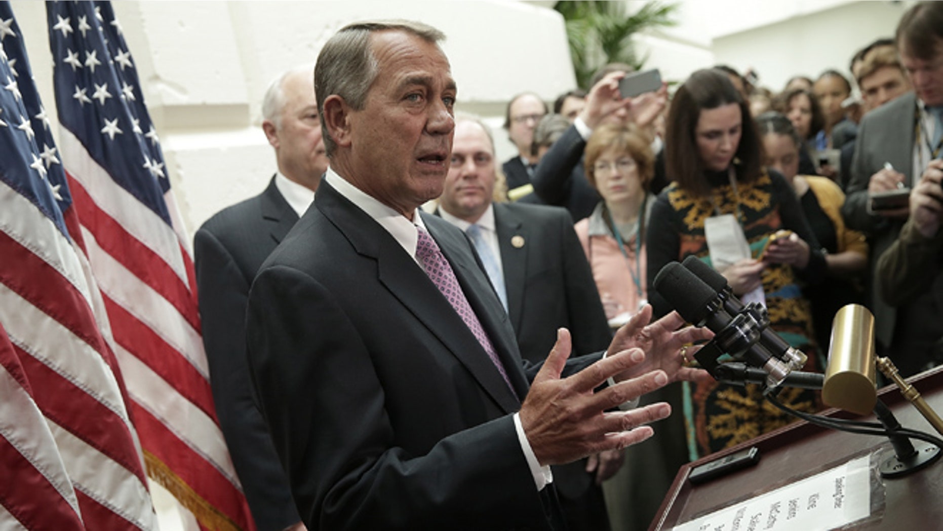 WASHINGTON, DC - FEBRUARY 25: Speaker of the House John Boehner (R-OH) answers questions during a press conference following the weekly House Republican conference meeting at the U.S. Capitol February 25, 2015 in Washington, DC. With Department of Homeland Security funding set to expire on Friday of this week, Boehner and House Republican leadership faced numerous questions on a possible shutdown of DHS if a compromise is not reached with Democratic members of Congress. (Photo by Win McNamee/Getty Images)