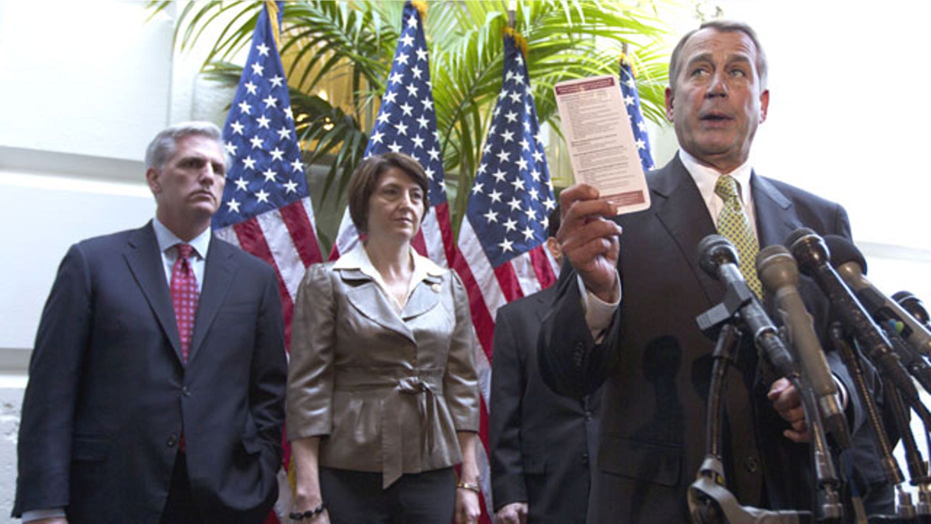 November 15, 2011: House Speaker John Boehner of Ohio, right, accompanied by, from left, House Majority Whip Kevin McCarthy of Calif. and Rep. Cathy McMorris Rodgers, R-Wash., speaks during a news conference on Capitol Hill in Washington.