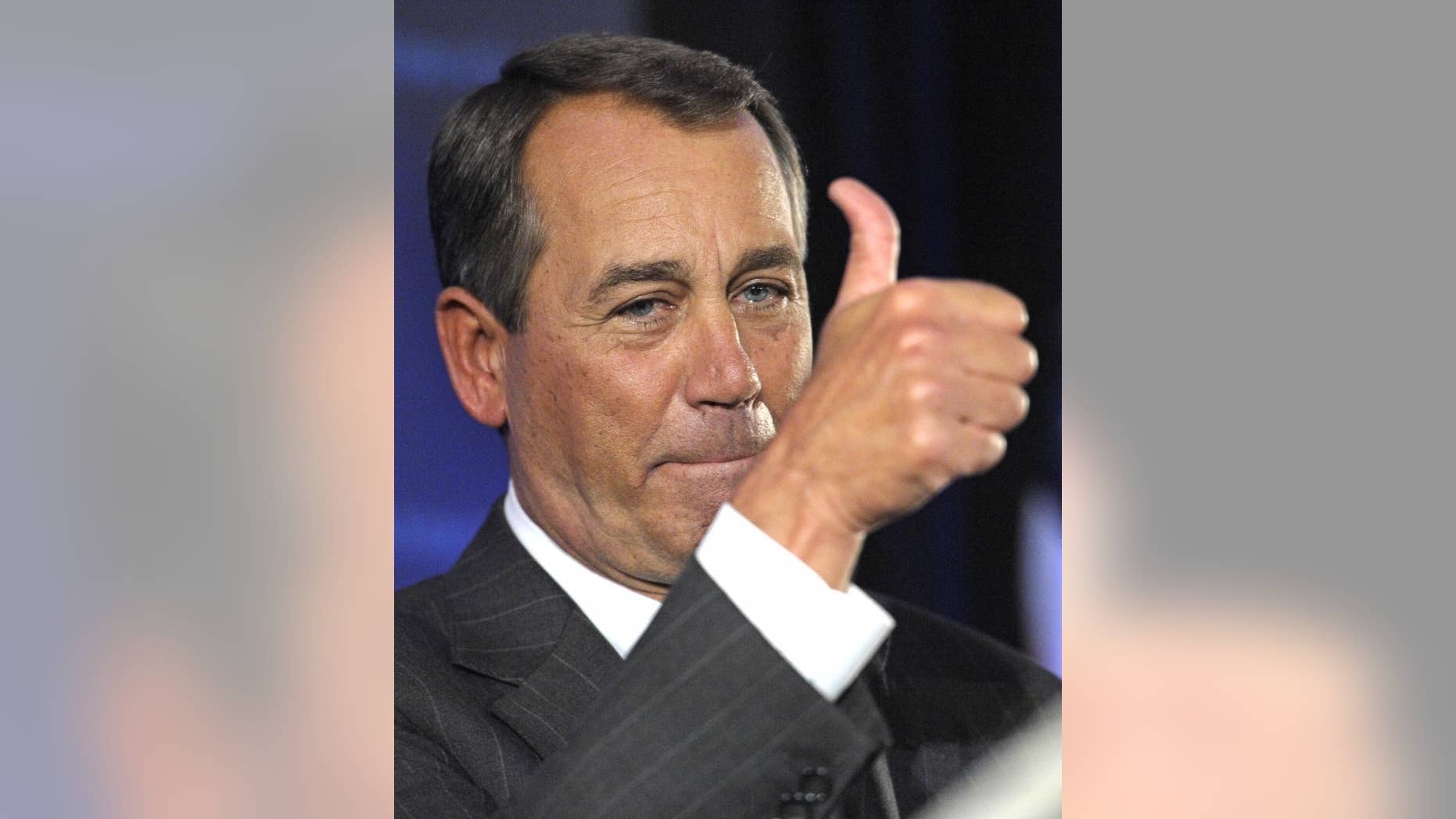 FILE - In this Nov. 2, 2010 file photo, House Republican leader John Boehner of Ohio celebrates the GOP's general election victory at the Grand Hyatt hotel in Washington. The Republicans' election wins left Boehner set to become speaker of the U.S. House. (AP Photo/Cliff Owen, File)