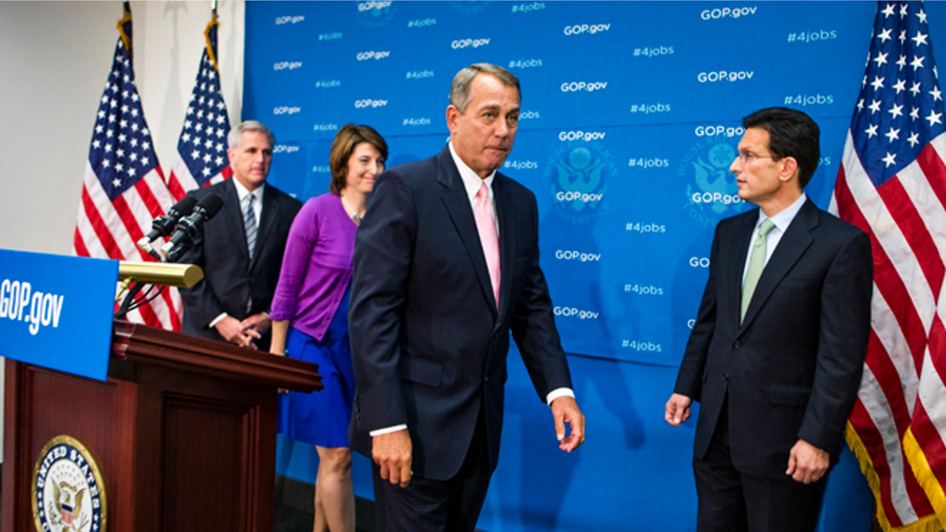Sept. 10, 2013: House Speaker John Boehner, second from right, and other GOP leaders after a Capitol Hill new conference, in Washington, D.C.