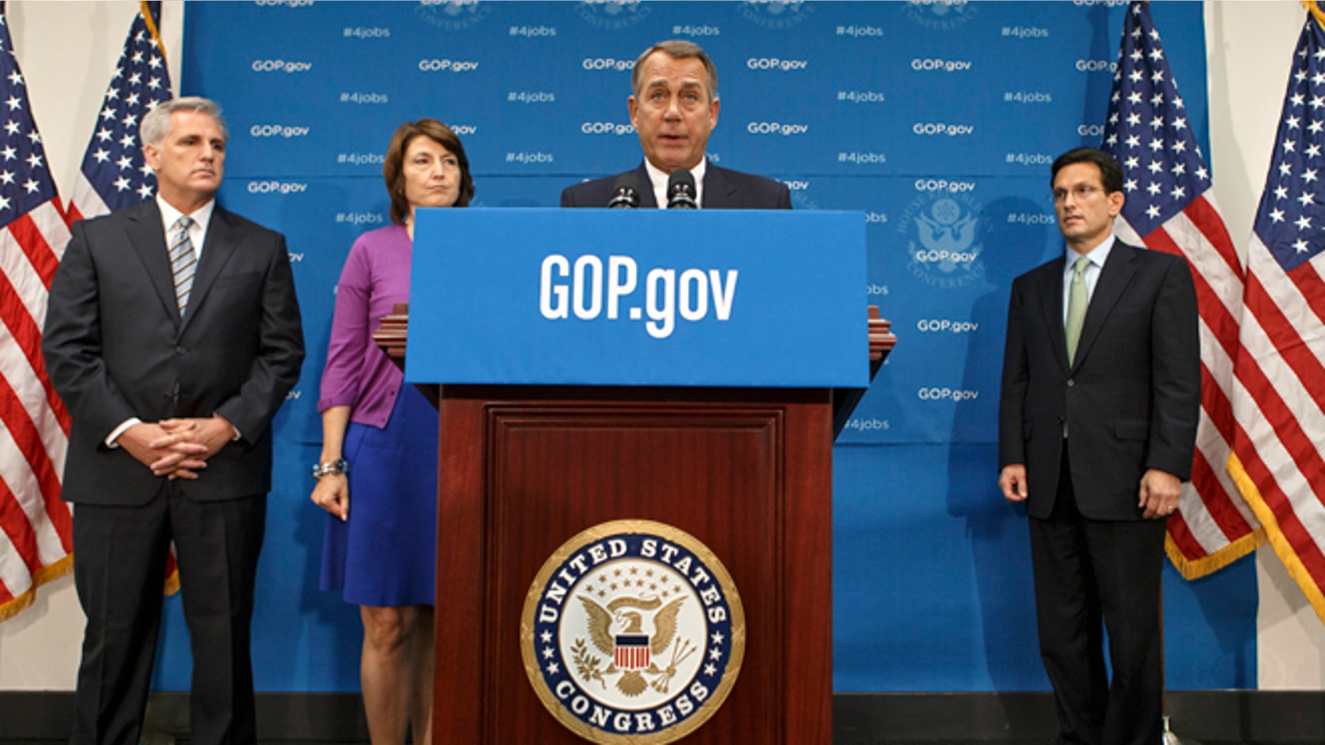 FILE: Sept. 10, 2013: House Speaker John Boehner, flanked by his leadership team on Capitol Hill, in Washington, D.C.