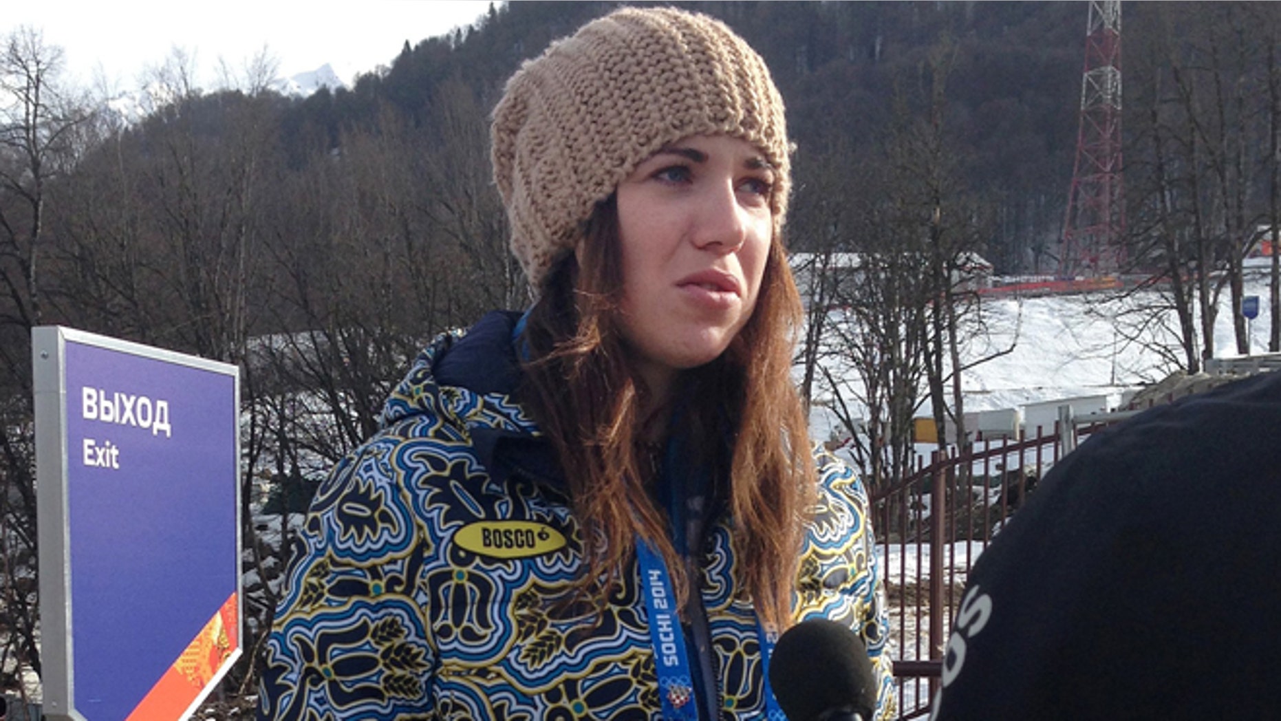 Feb. 20, 2014: Ukrainian skier Bogdana Matsotska speaks during an interview with the Associated Press at the Sochi 2014 Winter Olympics in Krasnaya Polyana, Russia. The International Olympic Committee said on Thursday, Feb. 20, that Matsotska is leaving the Olympics in response to the violence in her country.
