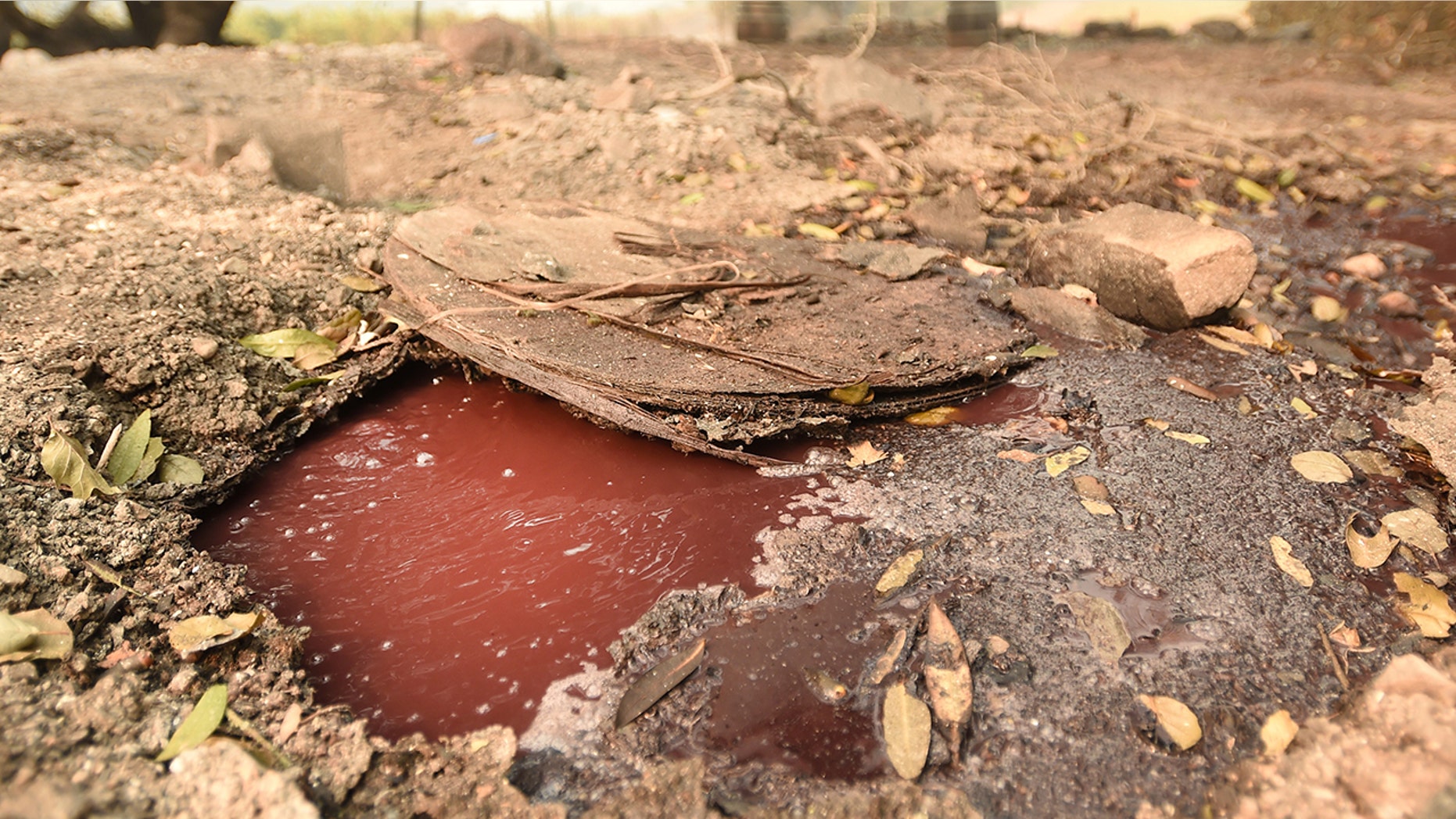 A boiling river of wine flows underneath smoldering debris at the Paradise Ridge Winery in Santa Rosa, California on Tuesday.