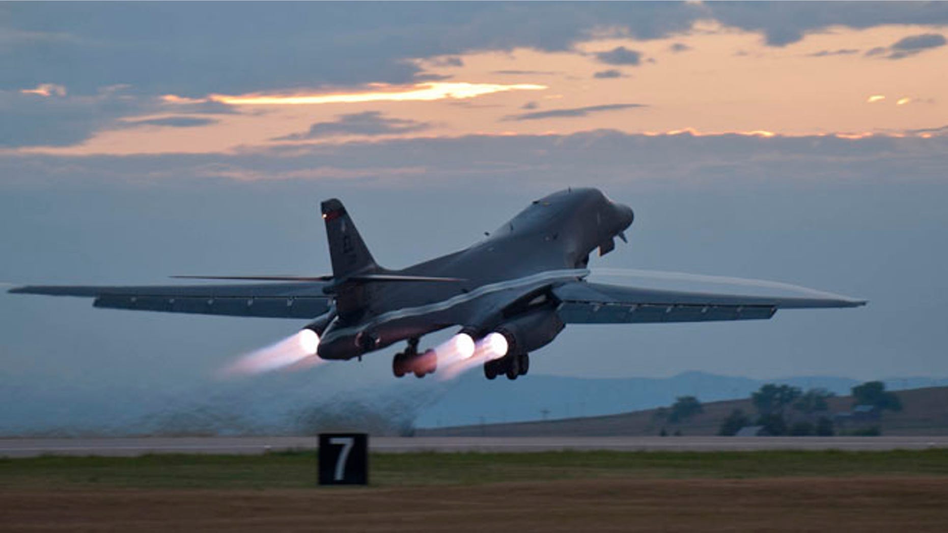 July 24, 2012: An Air Force B-1 bomber rumbling down the flightline at Ellsworth Air Force Base, S.D., as part of a training mission.