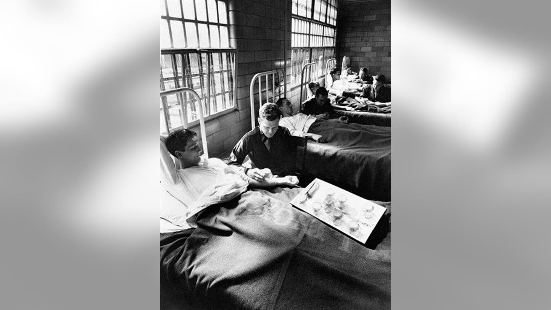 In this June 25, 1945 picture, army doctors expose patients to malaria-carrying mosquitoes in the malaria ward at Stateville Penitentiary in Crest Hill, Ill.