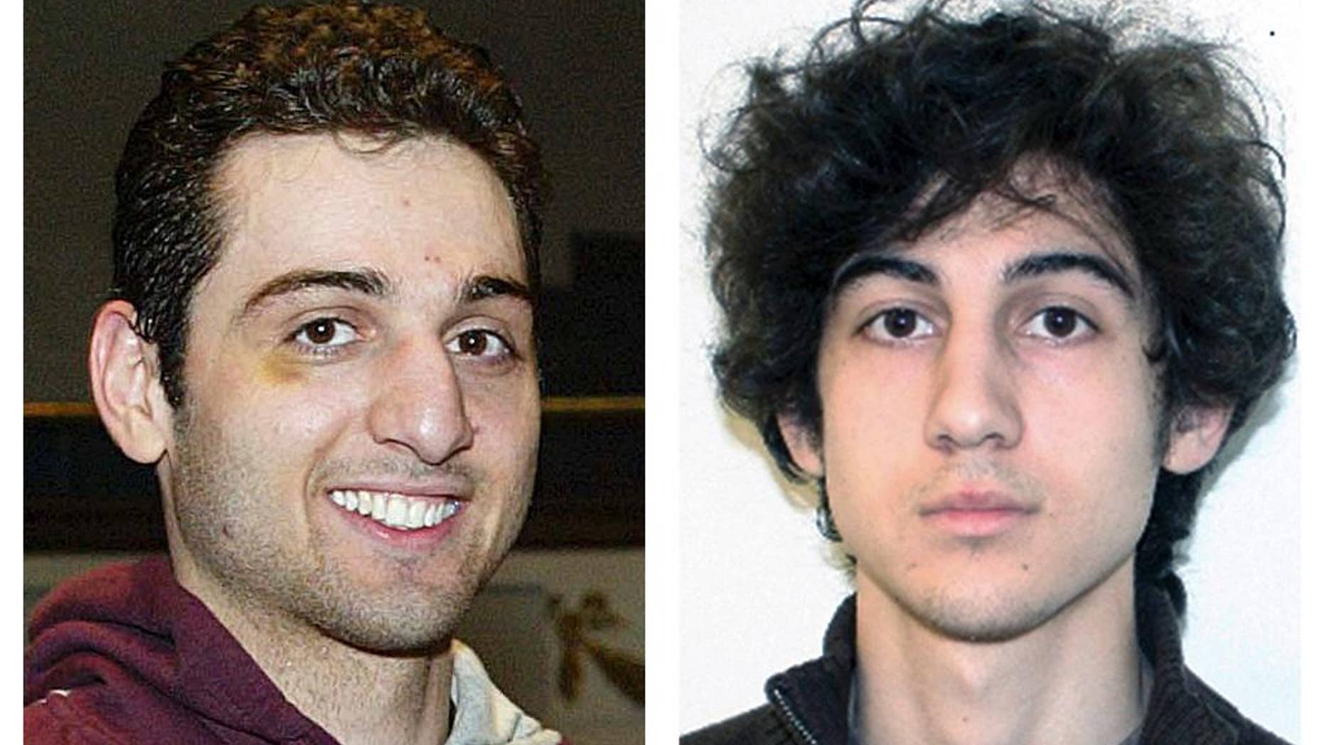 FILE - This combination of file photos shows brothers Tamerlan, left, and Dzhokhar Tsarnaev, suspects in the Boston Marathon bombings on April 15, 2013. Tamerlan Tsarnaev died after a gunfight with police several days later, and Dzhokhar Tsarnaev, was captured and is held in a federal prison on charges of using a weapon of mass destruction. A year after the bombings, prosecutors said they have a trove of evidence to use against Dzhokhar Tsarnaev, including surveillance video showing him placing one of the bombs just yards from Martin Richard, the 8-year-old boy who died in the blast. (AP Photos/Lowell Sun and FBI, File)