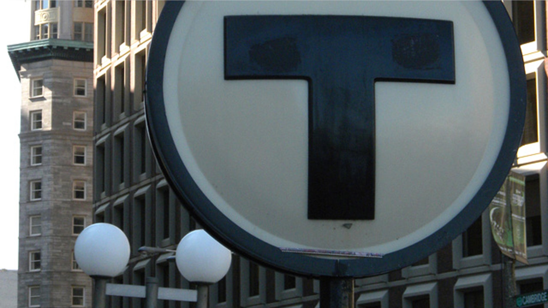 The symbol for Boston's subway system announces an entrance in Government Center. Scientists Friday planned to release nontoxic gases into Boston's subway tunnels to studya a simulated a terror attack.