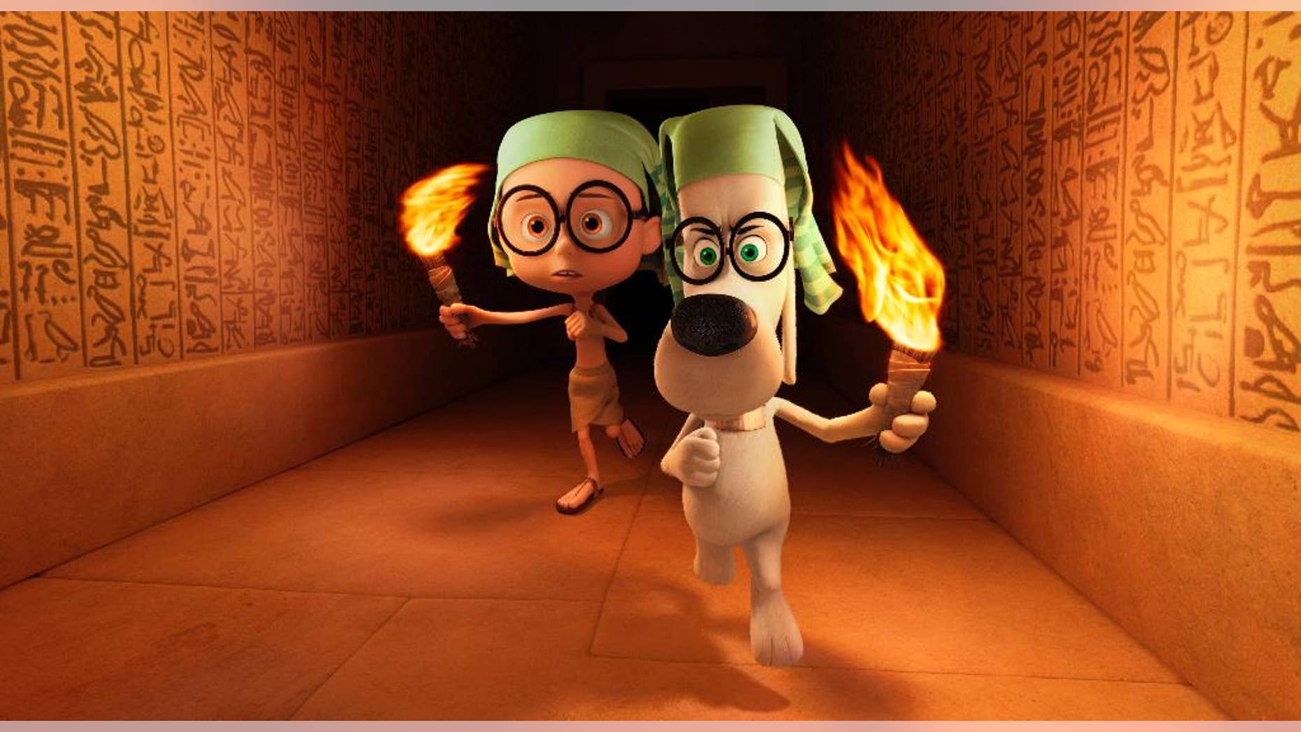 This image released by DreamWorks Animation shows Sherman, voiced by Max Charles, left, and Mr. Peabody, voiced by Ty Burell, in a scene from the animated film, "Mr Peabody & Sherman." (AP Photo/ DreamWorks Animation)