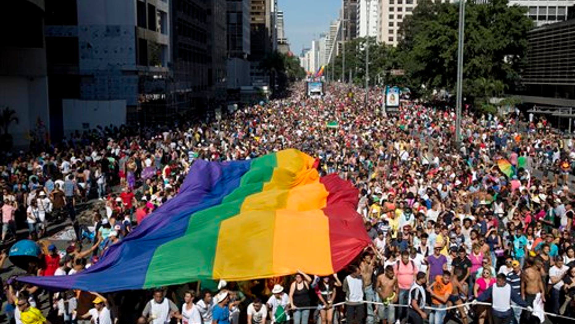 Participants carry a rainbow flag as thousands march during the annual Gay Pride Parade in Sao Paulo, Brazil, Sunday, May 4, 2014. Gay rights advocates are calling for a Brazilian law against discrimination as they gather by the hundreds of thousands in Sao Paulo for one of the world's largest gay pride parades. (AP Photo/Andre Penner)