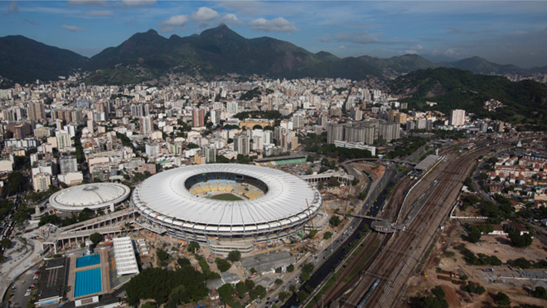 Aerial view shows the new rooftop of the Maracana Stadium, which is undergoing renovations in preparation for the 2013 Confederations Cup and 2014 World Cup in Rio de Janeiro, Brazil, Thursday, April 11, 2013. (AP Photo/Felipe Dana)