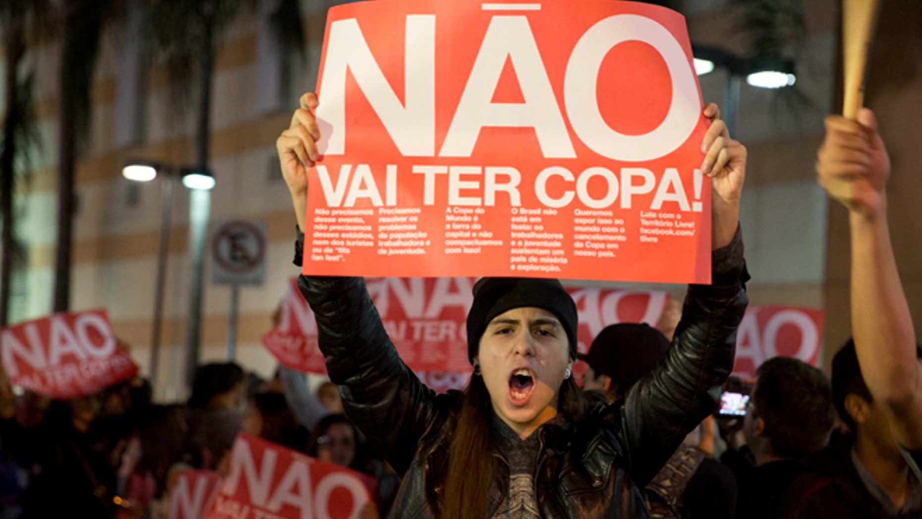 A demonstrator holds a banner that reads "There Won't be a Cup" in Sao Paulo, Tuesday, April 29, 21014.