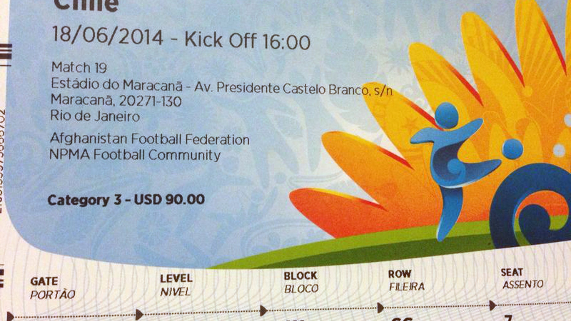 This June 4, 2014 photo shows a $90 U.S. dollar FIFA ticket for the Spain vs. Chile World Cup game, bought by a fan on Stubhub.com, a website that connects buyers and sellers, for $775 U.S. dollars, in San Juan, Puerto Rico. Brazilian police have widened their investigation into ticket scalping at the World Cup to include “the participation of someone from FIFA” as a source of tickets being resold on the street for many time their face value. (AP Photo)