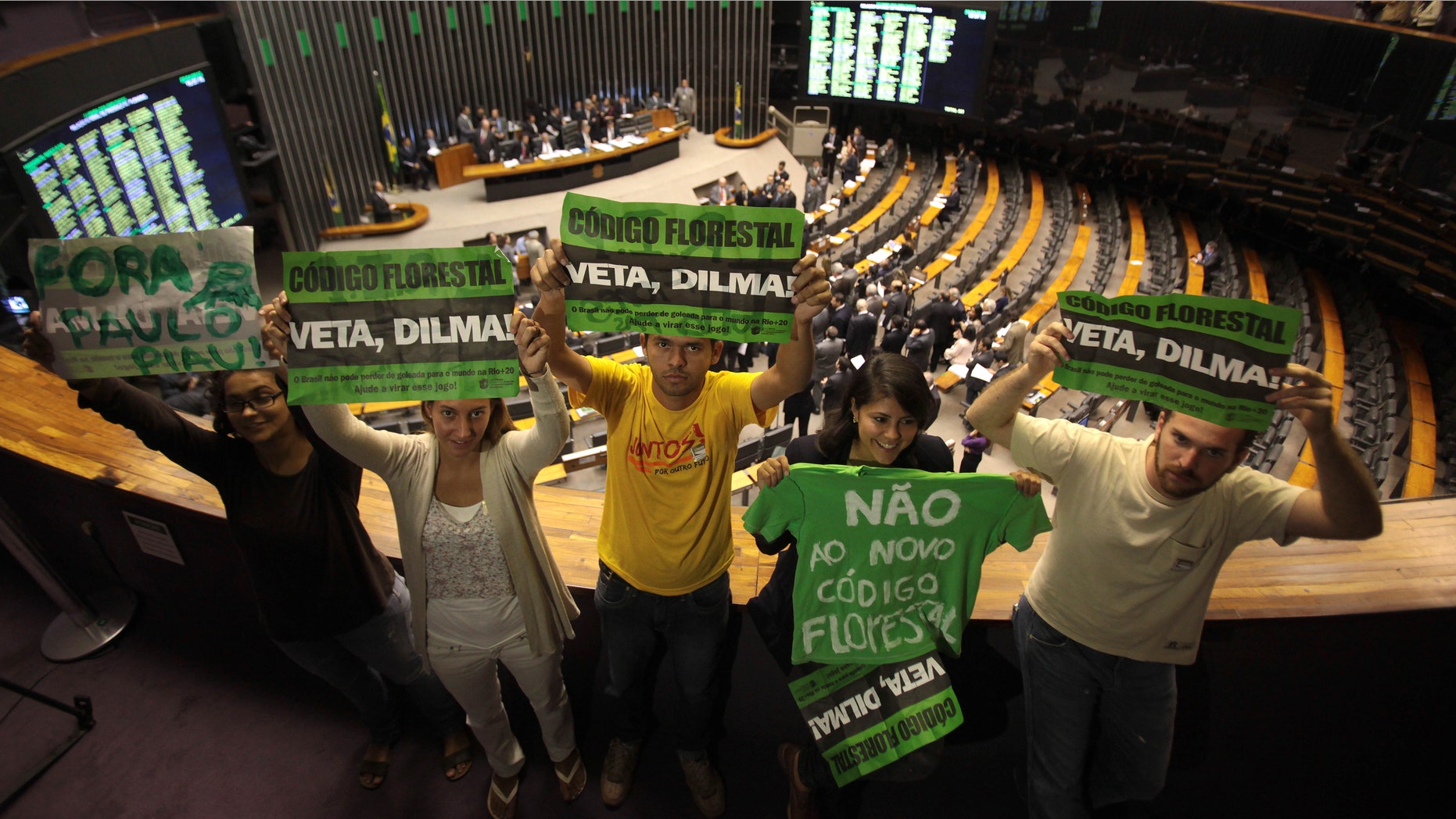 Environmentalists hold up protest signs that read in Portuguese "Veto Dilma," "Mourning for the Forest" and "No to the new forest lawâ during a session by Chamber of Deputies who are expected to vote on a new forest law in Brasilia, Brazil, Wednesday, April 25, 2012. Environmentalists say that any changes made to Brazil's benchmark environmental laws will damage the Amazon and other areas. (AP Photo/Eraldo Peres)